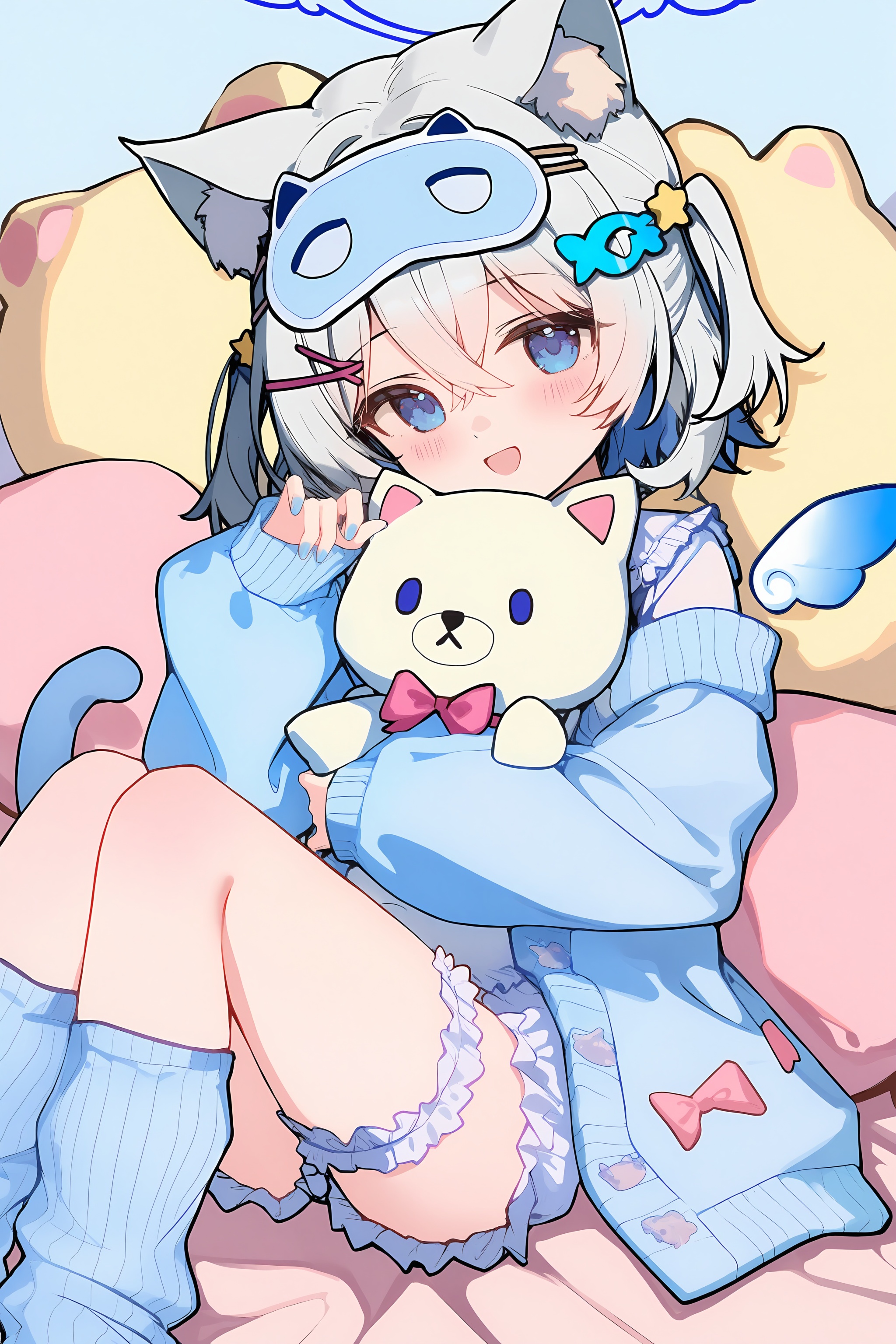 high resolution,aesthetic,excellent,medium resolution,newest,year 2025,<lora:nai4-ckxl0.2-000031>,sleep mask,1girl,stuffed toy,animal ears,stuffed animal,blue eyes,mini wings,hair ornament,detached wings,sleeves past wrists,mask on head,tail,ers,animal ear fluff,cat girl,blue cardigan,wings,cat tail,cat ears,long sleeves,socks,x hair ornament,mask,cardigan,looking at viewer,halo,puffy long sleeves,solo,lying,open mouth,blue socks,white ers,hairclip,open cardigan,on back,eye mask,white wings,feet out of frame,frilled shorts,teddy bear,blush,knees together feet apart,grey hair,holding stuffed toy,loose socks,puffy sleeves,open clothes,smile,bed sheet,ice cream,underwear,stuffed cat,hair between eyes,shirt,fish hair ornament,crossed bangs,crescent,short hair,food,crescent hair ornament,two side up,hugging object,pink bow,star hair ornament,white shirt,blue nails,knees up,jacket,hand up,blue wings,blue jacket,heart hair ornament,blue hair,bridal garter,:d,bow,loli,