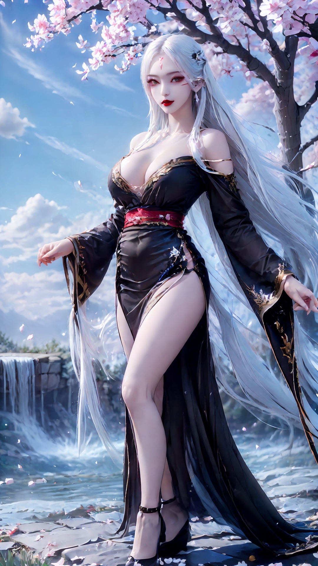1girl, long hair, solo, forehead mark, black dress, white hair, facial mark, sky, dress, looking at viewer, breasts, bare legs, red lips, outdoors, sash, large breasts, tree, long sleeves, very long hair,<lora:girl xiaobai_20240912002955:0.8>,bellyband,<lora:图图的嗨丝（8D黑色红边长筒袜丝_袜）_V1.0:0.7>,