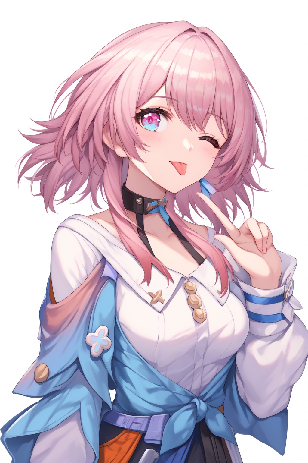 score_9,score_8_up,score_7_up,score_6_up,source_anime,source_cartoon,<lora:march 7thTponyXL-000008:1>,march 7th\(Preservation \) \(honkai: star rail\),march 7th \(honkai: star rail\),1girl,solo,one eye closed,tongue,pink hair,dress shirt,tongue out,long sleeves,tied jacket,upper body,pink eyes,white background,single earring,jewelry,breasts,hand up,black choker,simple background,medium hair,looking at viewer,;p,multicolored eyes,