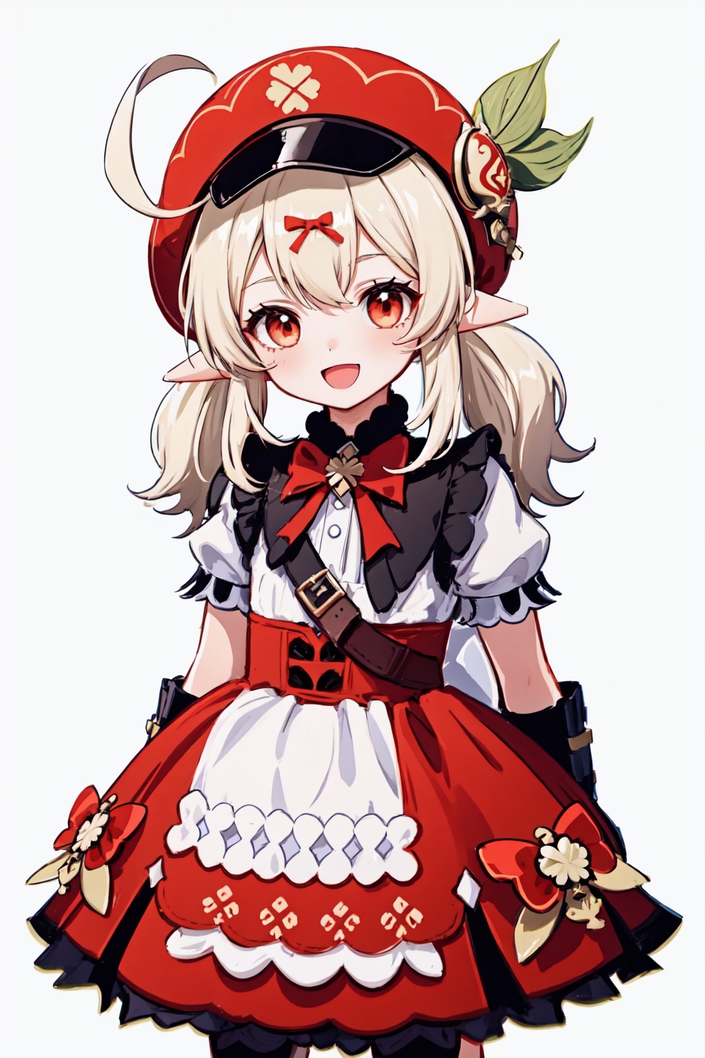 klee_(genshin_impact),1girl,ahoge,low_twintails,open_mouth,solo,looking_at_viewer,alternate_costume,sidelocks,red_headwear,:d,clover_print<lora:klee_(genshin_impact):1>,simple background,white backgroundmasterpiece,best quality, highly detailed, 