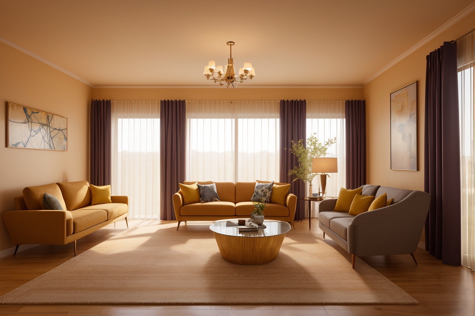 (best quality:1.4),(masterpiece:1.4),(photorealistic:1.4),(ultra high res, raw photo:1.4),(hdr, hyperdetailed:1.2),interior,a living room with a couch,chair,table and windows with curtains on them and a chandelier hanging from the ceiling,vray render,a digital rendering,photorealism,flower,indoors,tree,no humans,window,chair,table,plant,curtains,scenery,couch,wooden floor,vase,8k masterpiece wallpaper,a nexus of ultra-detail,high resolution,and impeccable shadow play. Rendered in digital illustration,it bears a semblance to the works of Yoko Honda. Set against the backdrop of a Nayuta Nordic Modern Interior Design room,the scene features a chair,a vase flaunting a white flower,a table,swaying curtains,a luxurious couch,a lamp placed near a window,a cup,a spread-out book,and a vibrant plant. The color temperature bathes the room in golden hues,adding to its charm. In the absence of humans,the setting resonates with profound stillness. Ray tracing,photon mapping,and radiosity merge seamlessly with professional lighting to create an ethereal atmosphere,