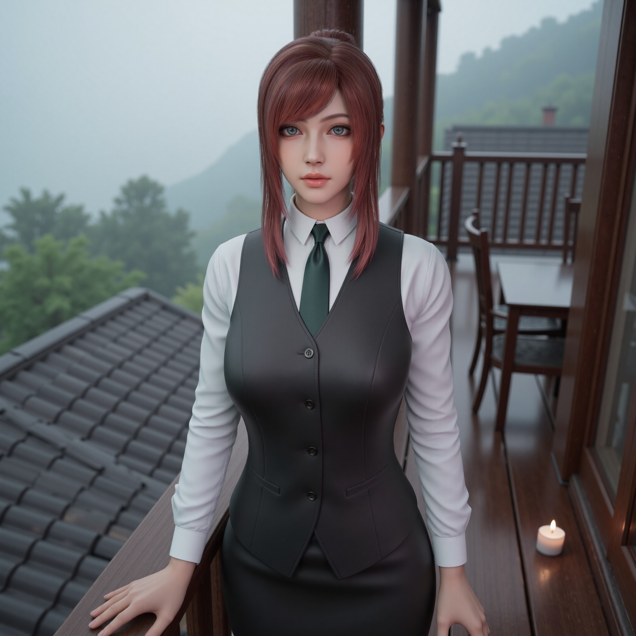 rainy,mimi,ChengSisi,mimi,reddish-brown hair in an intricate high bun,vibrant teal eyes,wearing a white collared shirt,dark grey vest with decorative buttons,and dark green tie,upper body portrait,standing on a wooden porch in rural China,soft rain falling,misty mountain view in the distance,warm tea lights glowing at her feet,ethereal trees shrouded in fog,vernacular architecture with tiled roofs in the background,soggy atmosphere,travel mood,32K UHD,highly detailed,cinematic mist,soft ambient lighting,masterpiece,rainy,slippery mountain scenery,a mountain view with tea lights on the porch,in the style of rural china,ethereal trees,32k uhd,soggy,travel,mist,vernacular architecture,