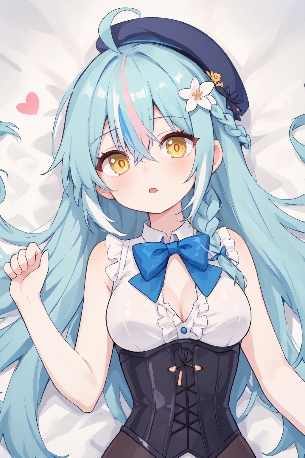 1girl, solo, long hair, virtual youtuber, yukihana lamy, blue hair, breasts, ahoge, hair ornament, flower, hair flower, hat, yellow eyes, on back, lying, multicolored hair, looking at viewer, streaked hair, bangs, beret, blush, white headwear, hair between eyes, sleeveless, bow, bare shoulders, bowtie, upper body, shirt, blue bow, open mouth, blue bowtie, white shirt, corset, medium breasts, very long hair, sleeveless shirt, colored tips, braid, heart ahoge, frills, parted lips, cleavage, armpits, white flower, heart, lu-style