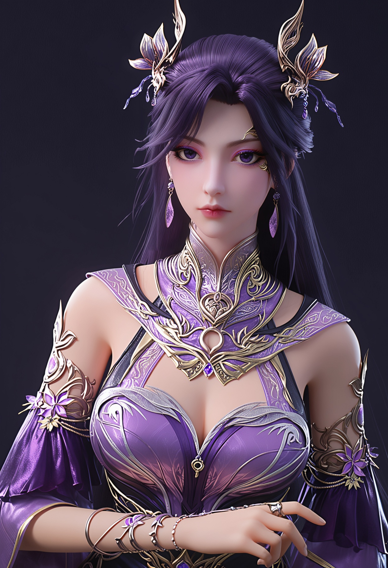 score_9,looking_at_viewer,(upper body:1.2),large breasts,1girl,solo,long hair,hair ornament,jewelry,earrings,dress,bare shoulders,purple dress,closed mouth,expressionless,black hair,clothing cutout,detached sleeves,purple hair,bracelet,purple eyes,(simple background,pure black background,black background:1.1),perfect_anatomy,<lora:QQSponyyanqingchengV1:0.8>,