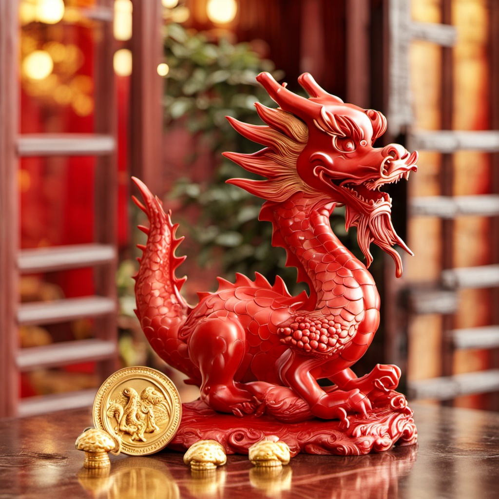 There is a red golden dragon on the mahogany table,with a base made of red lacquer stone and gold coins and gold mushrooms as a backdrop. The background is a vintage window and green plants.,<lora:---long-XL>,