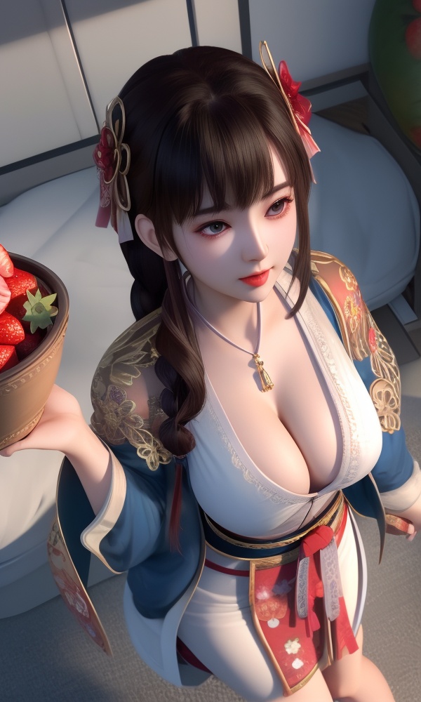 (,1girl, ,best quality, ),looking at viewer, <lora:399-DA-少年歌行-华锦:0.8> ,, ,masterpiece, (( , )),ultra realistic 8k cg, ,tamari \(flawless\),   ,cleavage,strawberry blossoms,lace , (()), (),