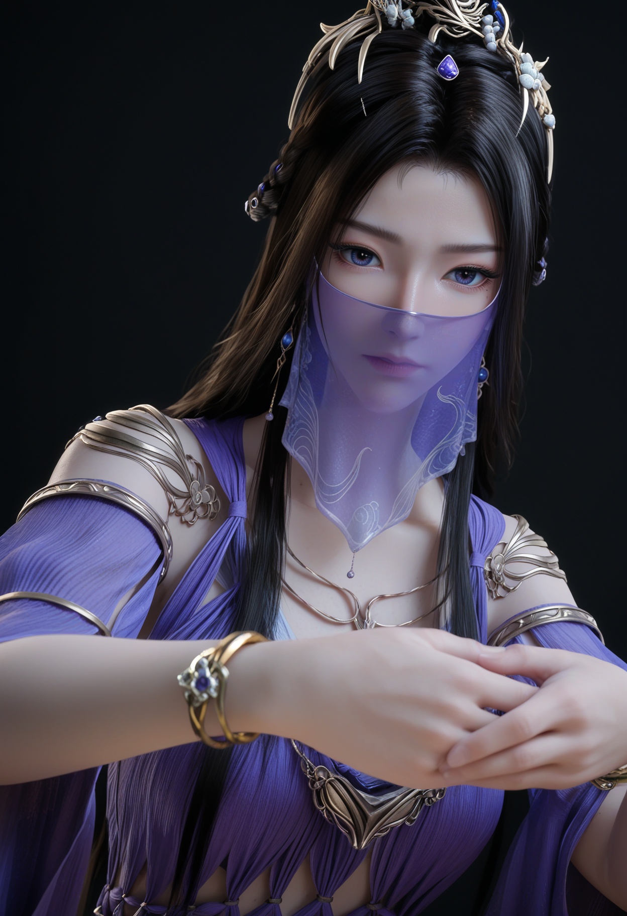 (upper_body:1.2),(score_9:1.2),(score_8_up:1.2),(top quality, 8k wallpaper:1.1),(masterpiece:1.1),(best quality:1.2),(intricate details),8k,1girl,facing viewer,(looking at viewer:1.1),<lora:YQ_pony_ziling_V4:0.95:lbw=1,1,1,1,1,1,1,1,1,0.8,0.8,0.1>,q1528437228,1girl,solo,long hair,black hair,veil,mouth veil,dress,jewelry,hair ornament,necklace,blue dress,purple dress,blue eyes,bracelet,detached sleeves,hair bun,brown hair,earrings,braid,single hair bun,mole,wide sleeves,sandals,purple eyes,mole under eye,tiara,long sleeves,pantyhose,BREAK(score_9:1.2),(score_8_up:1.2),masterpiece,best quality,very aesthetic,perfect anatomy,(hourglass),perfect face,(simple background,pure black background,black background:1.1),fair_skin,(shiny_skin:1.1),Ivory_skin,