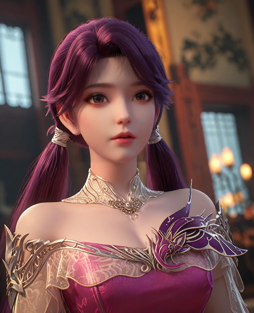 (oriental architecture, elegant decor, sophisticated style:1.1),(dorsiflexion:1.1),(breasts:1.2),<lora:XL百炼成神罗嫣:0.95>,miss luoyan,long hair,purple hair,dress,low twintails,twintails,detached collar,bare shoulders,lips,jewelry,pink dress,eyelashes,teeth,, zPDXL2, score_9, score_8_up, score_7_up BREAK realistic, masterpiece,best quality, highly detailed,, zPDXL3, zPDXL2,zPDXL, zPDXLxxx, zPDXLrl,