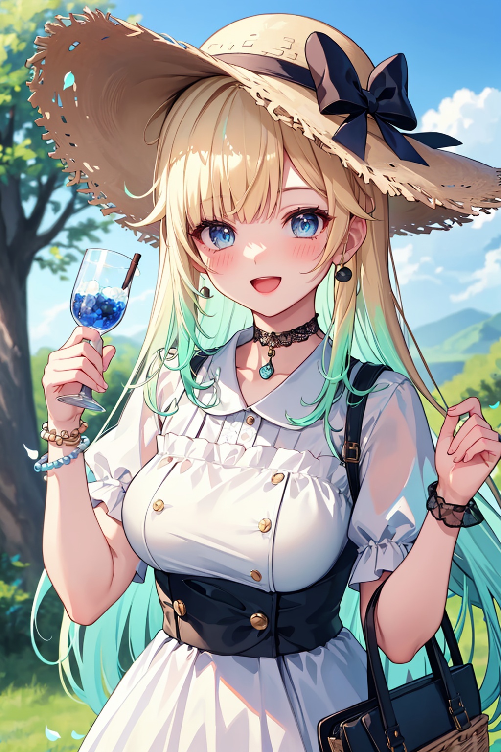 masterpiece,best quality, highly detailed, aizawa ema,1girl, solo, straw hat, looking at viewer, outdoors, open mouth, petals, short sleeves, sun hat, white dress, blue flower, brown headwear, blurry, bracelet, breasts, hat ribbon, :d, hat bow, day, upper body, white shirt, holding basket, black choker, blush, lace choker,<lora:aizawa_ema:1>