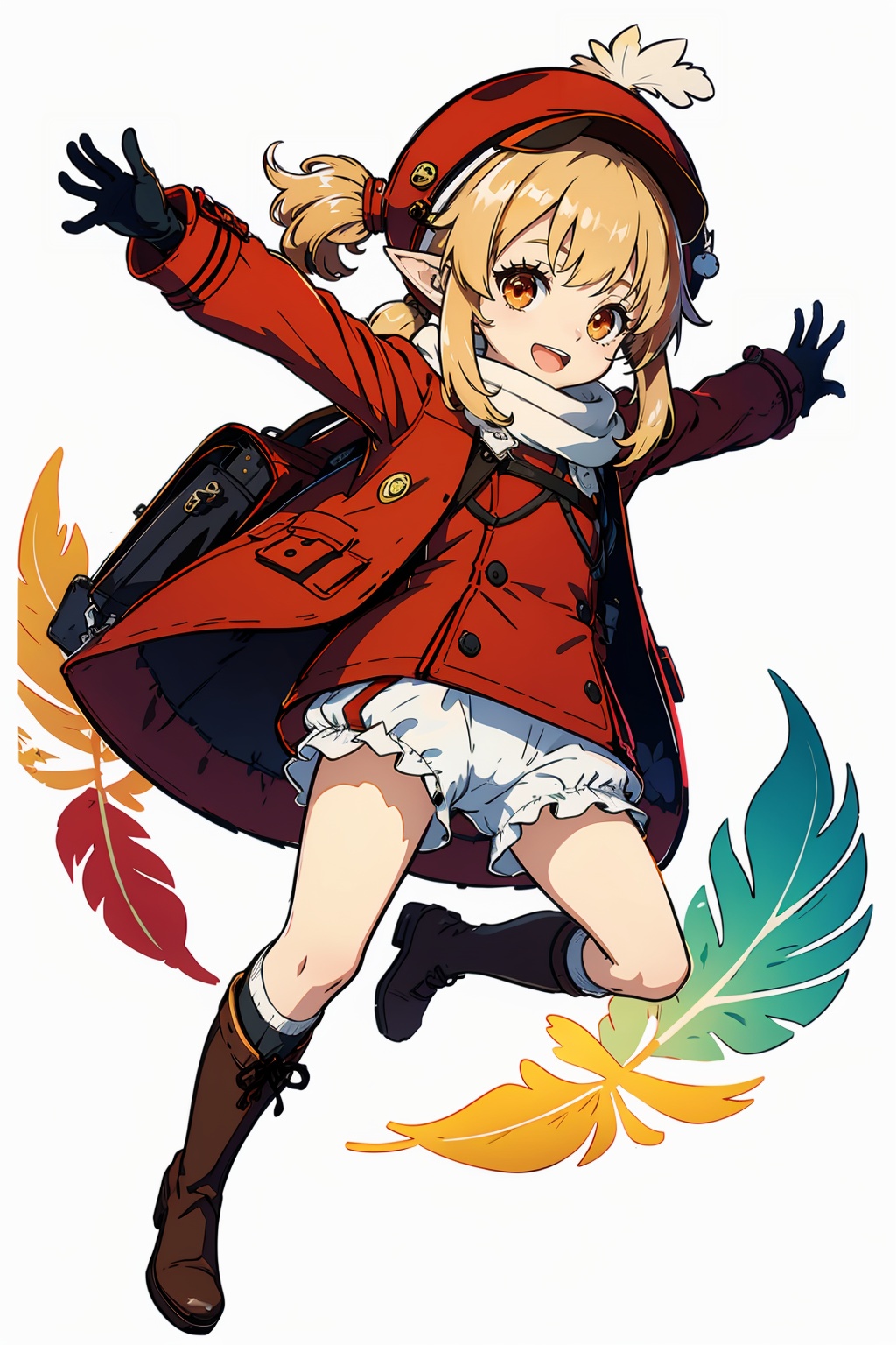 (masterpiece, best quality,top quality),[(white background:1.2)::5],(wide shot:0.95),Dynamic angle,(full body),<lora:GI_CVP-v15:0.8>,gicvp,1girl,loli,loli's body type,mondstadt,pyro,solo,hat,red headwear,gloves,boots,backpack,ahoge,smile,brown gloves,hat feather,simple background,bag,cabbie hat,full body,bangs,open mouth,long sleeves,looking at viewer,pointy ears,twintails,dodoco,knee boots,underwear,brown footwear,arms up,bloomers,socks,long hair,hair between eyes,:d,outstretched arms,kneehighs,low twintails,randoseru,red dress,dress,blonde hair,red coat,clover print,coat,brown scarf,red eyes,scarf,sidelocks,bag charm,charm,(object),hat ornament,pocket,orange eyes,light brown hair,spread arms,feathers,white socks,depth_of_field,particle effects,
