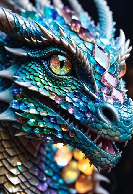 A beautiful portrait photograph of a dragon with diamond and gemstone scales, opal eyes, cinematic, gem, diamond, crystal, fantasy art, hyperdetailed photograph, shiny scales, 8k resolution,