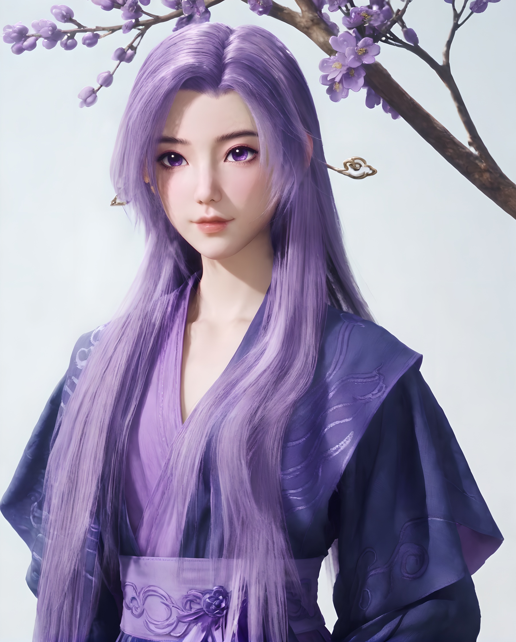 <lora:SF_YunXiaoNew_Pony_Realism-000003:0.7>,1girl,solo,flower,bule clothes,purple eyes,hair ornament,standing,looking at viewer,branch,purple hair,long hair,white background,