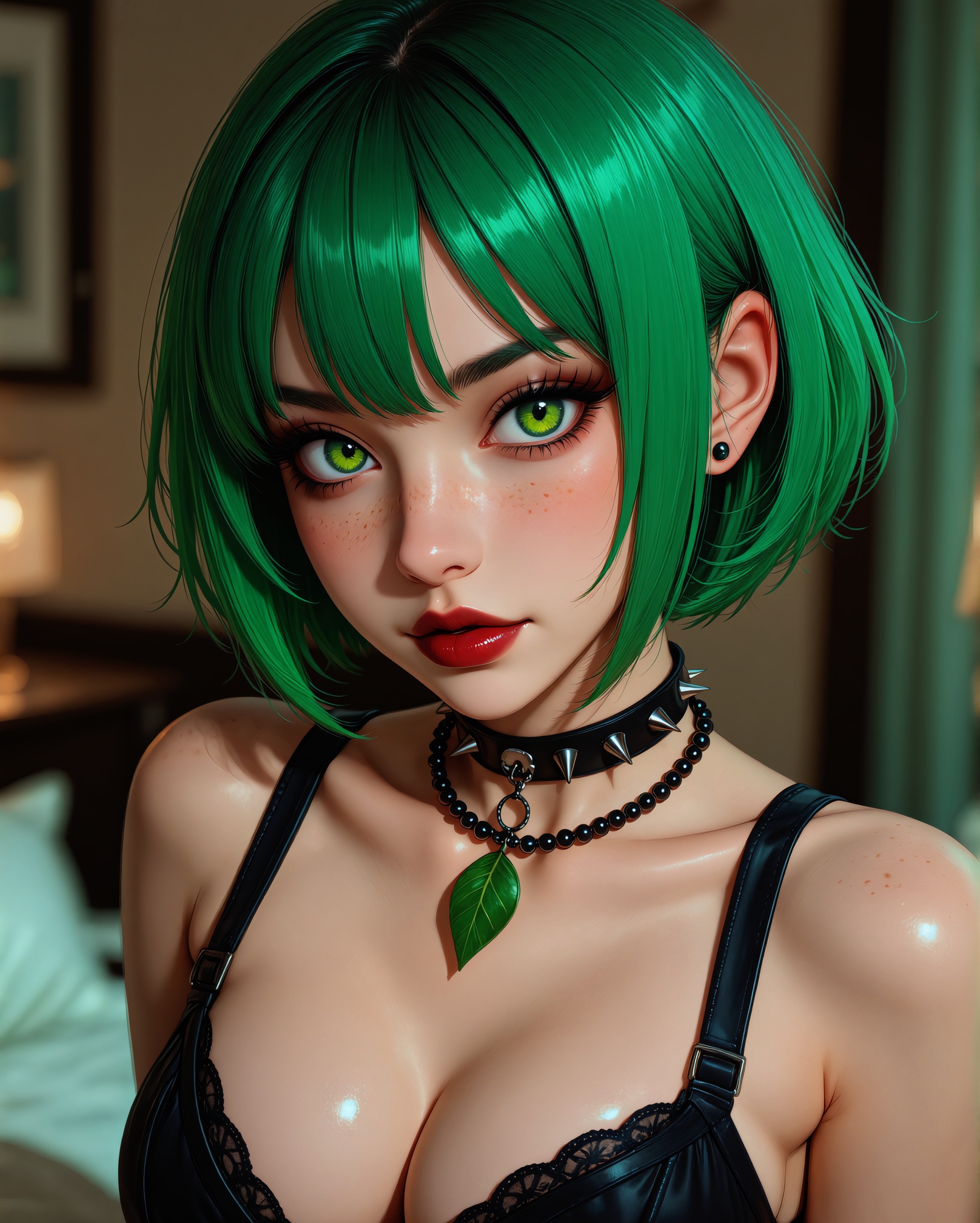 A close-up portrait of a woman with short,  vibrant green hair and striking green eyes,  wearing a black choker and a blac...