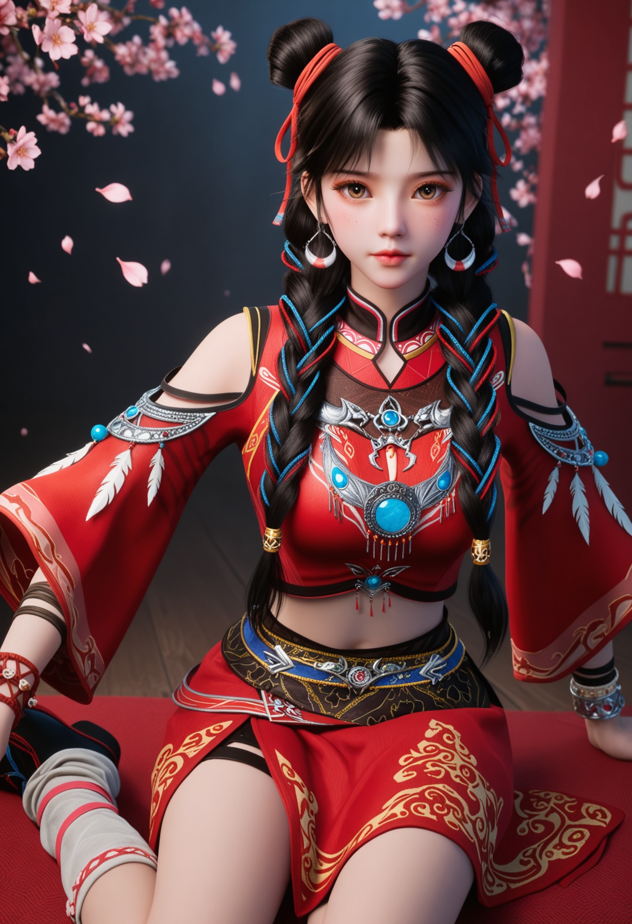 (upper_body:1.2),(looking at viewer:1.1),masterpiece,(best quality),smog,Dark room,dim lighting,peach blossom,falling petals,<lora:YQ_Illustrious光辉v5_白落衡_V1:0.8>,q1528437228,solo,1girl,jewelry,black hair,long hair,earrings,hair bun,braid,ribbon,hair ribbon,twin braids,double bun,brown eyes,chinese clothes,multiple braids,bracelet,crop top,skirt,multicolored hair,feathers,dress,red ribbon,red skirt,single hair bun,red dress,hair over shoulder,leg warmers,socks,shirt,brown hair,red shirt,necklace,freckles,shoes,long sleeves,detached sleeves,hair ornament,china dress,black eyes,multi-tied hair,wide sleeves,ribbon braid,black footwear,