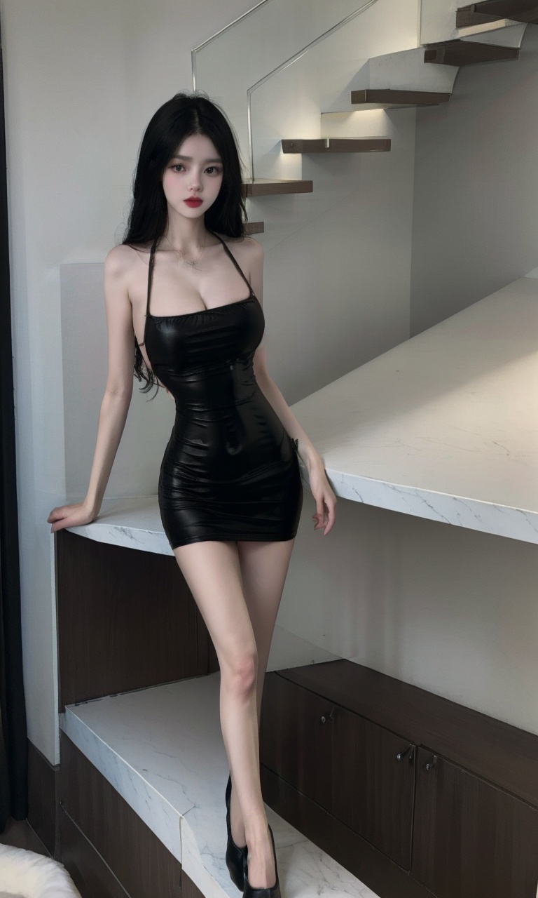 (masterpiece, best quality:1.4),finely detailed,1girl,solo,pale skin,perfect body,standing,(cowboy_shot:1.2),<lora:killer性感黑色光滑连衣裙v1.0-000008:0.8>,killer,blackdress,small_breasts,