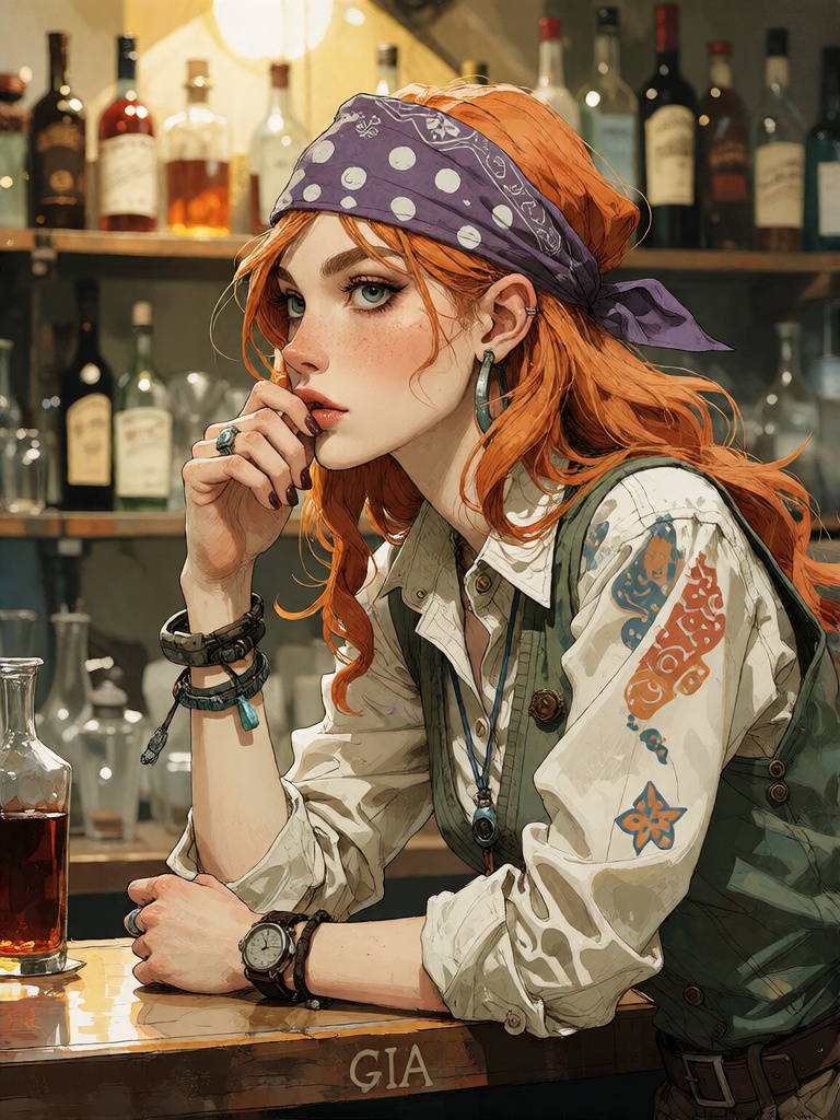 Bradhamel art style,  detailed illustration of a young woman with long orange hair and a purple polka-dot bandana,  leanin...