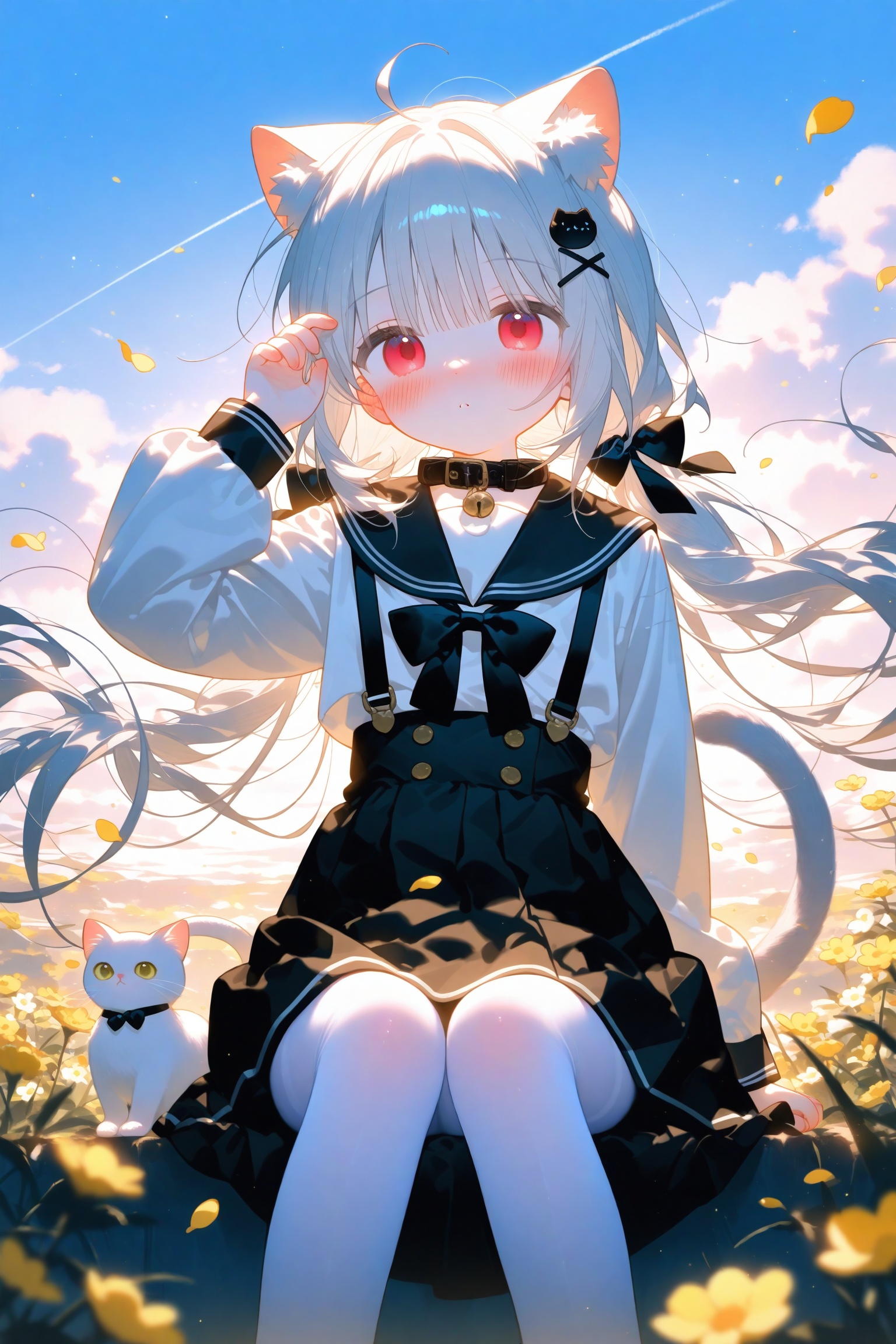 konya666,loli,1girl skirt cat solo shirt animal ears outdoors long hair white shirt sky hair ornament cloud red eyes day black skirt long sleeves bangs twintails x hair ornament white pantyhose animal ear fluff blush bow cat ears blue sky pantyhose sailor collar very long hair closed mouth black sailor collar black bow hand up white hair high-waist skirt hair between eyes blurry foreground sitting collar cat girl petals animal bowtie black collar white cat flower low twintails looking at viewer grey hair floating hair cloudy sky feet out of frame pleated skirt blurry tail black bowtie wind small breasts cat hair ornament parted lips puffy long sleeves cat tail school uniform choker depth of field breasts from below hair bow contrail looking away suspender skirt puffy sleeves serafuku looking at animal buttons ahoge arm up mutated hands poorly drawn hands mutated hand and finger fused fingers too many fingers missing fingers