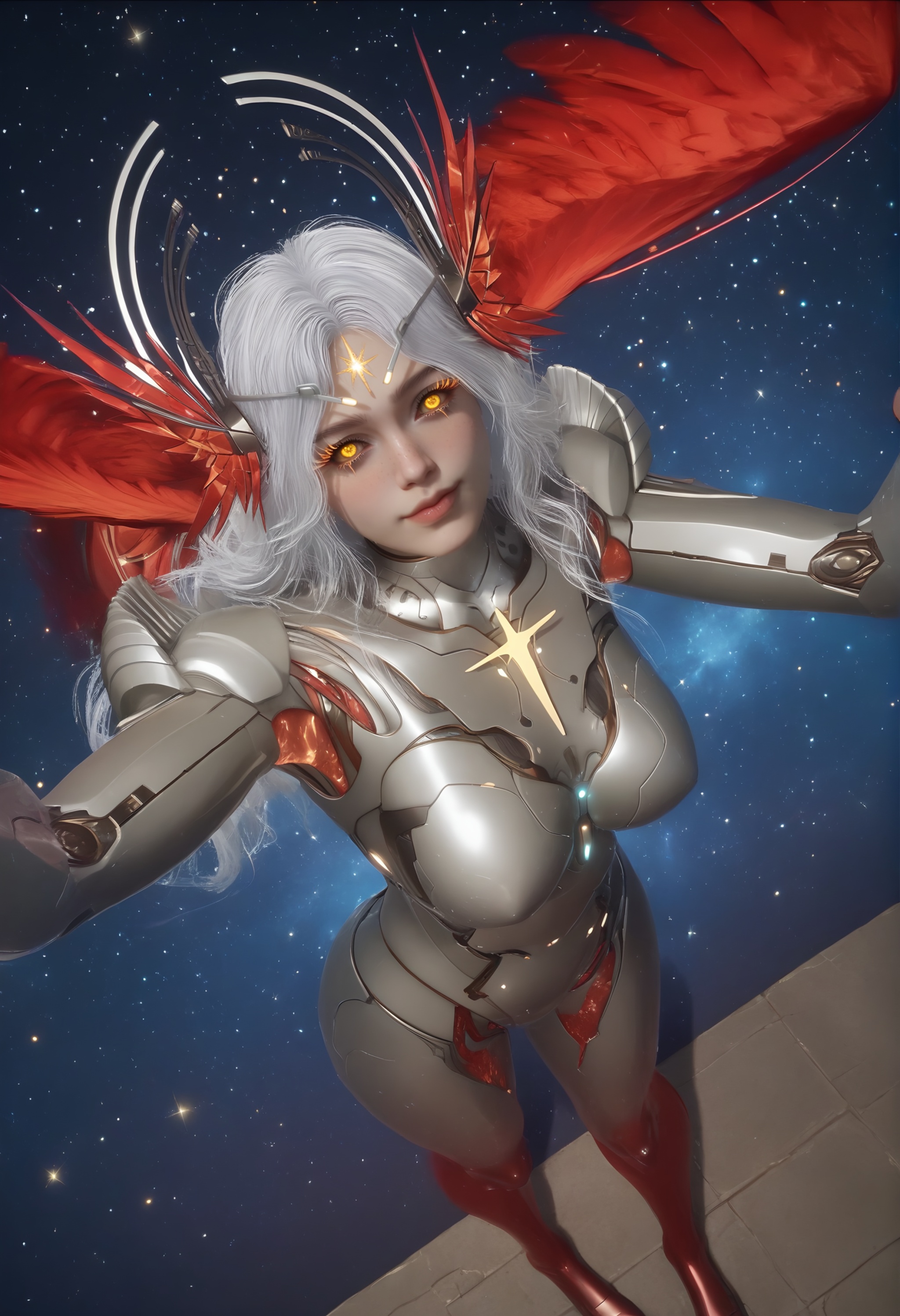 (score_9),standing,<lora:星幻王-apony-000008:0.83>,mechanical angel,xinghuanwang,1girl,solo,joints,ringed eyes,long eyelashes,freckles,hair ornament,long hair,white hair,glowing markings,glowing eyes,yellow eyes,Metallic horn-like ornament,blending feathers and mechanical parts,power armor,shoulder armor,wings,feathered wings,red wings,large_wings,legs,cybernetic legs,calf,glowing veins on calf,lower leg,cybernetic calf,bare legs,mature_female,BREAK<lora:Expressive_H-000001:0.78>,light blush,Expressiveh,ringed eyes,looking at viewer,front view,dutch angle,dynamic_angle,from above,selfie,v sign,closed mouth,fair_skin,(pale skin),(sweaty_skin),BREAKsimple background,<lora:e色温:0.25>,sparkle,blurry background,star \(symbol\),starry sky,star \(sky\),universe,hyper_galaxy,4K ultra HD,sharp focus,high detail,high contrast,
