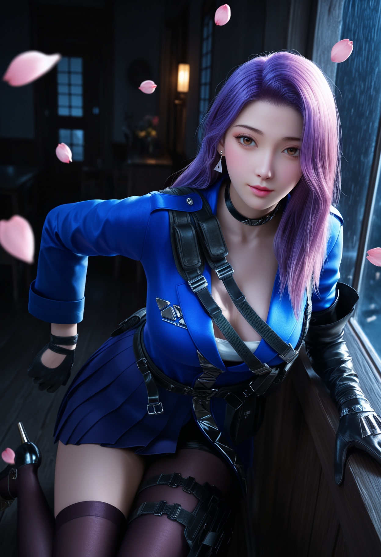 masterpiece,best quality,amazing quality,very aesthetic,high resolution,ultra-detailed,absurdres,scenery,photorealistic,(looking at viewer:1.1),upper body,(Dark room:1.3),(moody lighting:1.1),peach blossom,falling petals,(large breasts:0.8),yunyouyou,1girl,solo,long hair,gloves,pink hair,choker,belt,black gloves,jewelry,earrings,brown eyes,thighhighs,jacket,skirt,holster,blue jacket,purple hair,single thighhigh,high heels BREAK photorealistic details,close-up,<lora:QQSillyunyouyoubwV1:0.9>,
