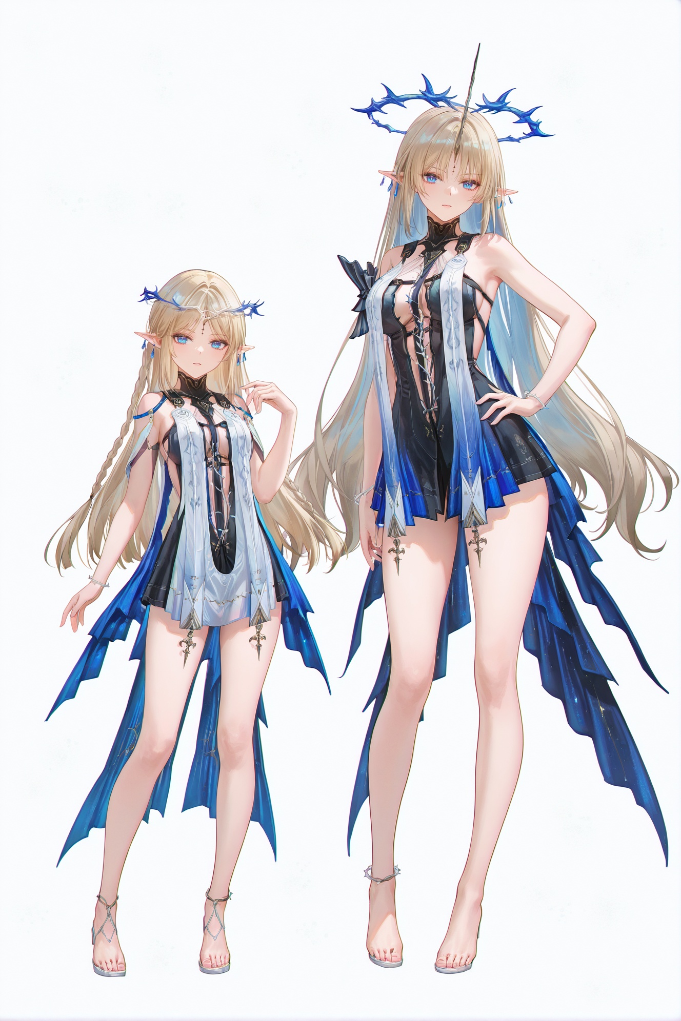 8k,best quality,masterpiece,(ultra-detailed),(high detailed skin),((artist:reoen),(artist:fuzichoco),(artist:atdan),(artist:torino_aqua),year 2024:0.8)1girl,[artist:wlop],[artist:ningen_mame],artist:ciloranko,[[artist:rhasta]],artist:tidsean,colorful,full body,full shot,standing,simple background,(white background:1.2),hand on own hip,(white background:1.1),2girls,height gap,<lora:Cartethyia&Fleurdelys-ill-Tanger:0.8>,2girls,pointy ears,1 mature female and 1 **** girl BREAKCartethyia \(wuthering waves\),clothes: Cartethyia **** style clothes,small blue and white crown of thorns,Cartethyia white dress,black forehead mark,1girl,blonde hair,pointy ears,long hair,blue eyes,braid,**** girl BREAKFleurdelys \(wuthering waves\),clothes: Fleurdelys ***** style clothes,large blue levitating spiked circlet,Fleurdelys white and black dress,forehead mark with forehead horn,blue long detached train clothes,1girl,long hair,pointy ears,barefoot,jewelry,mature female BREAK