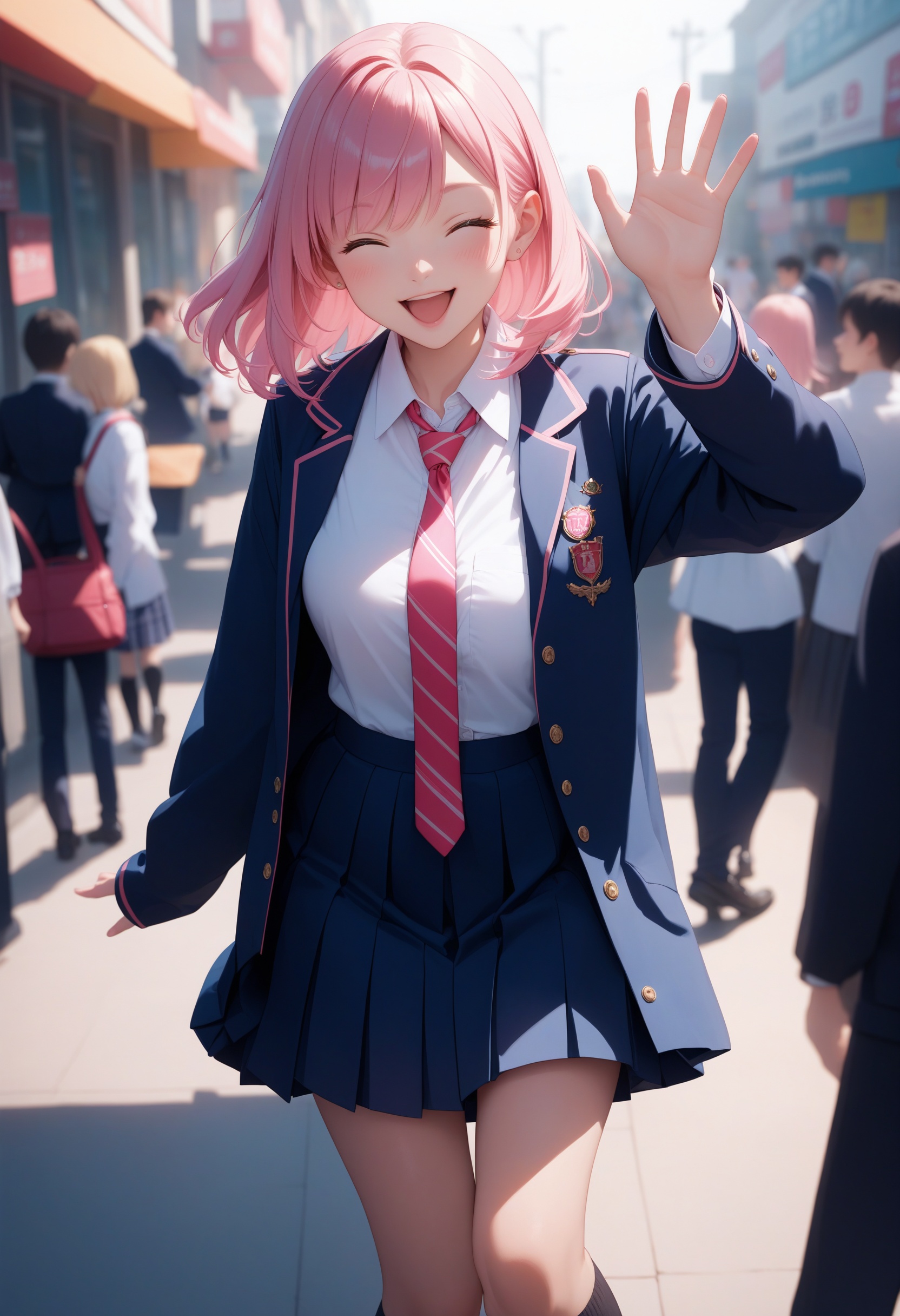 score_9, score_8_up, score_7_up, intricate details, 1girl, pink hair, school girl outfit, tie, black socks, jacket, happy, wink, waving hand, in crowded street