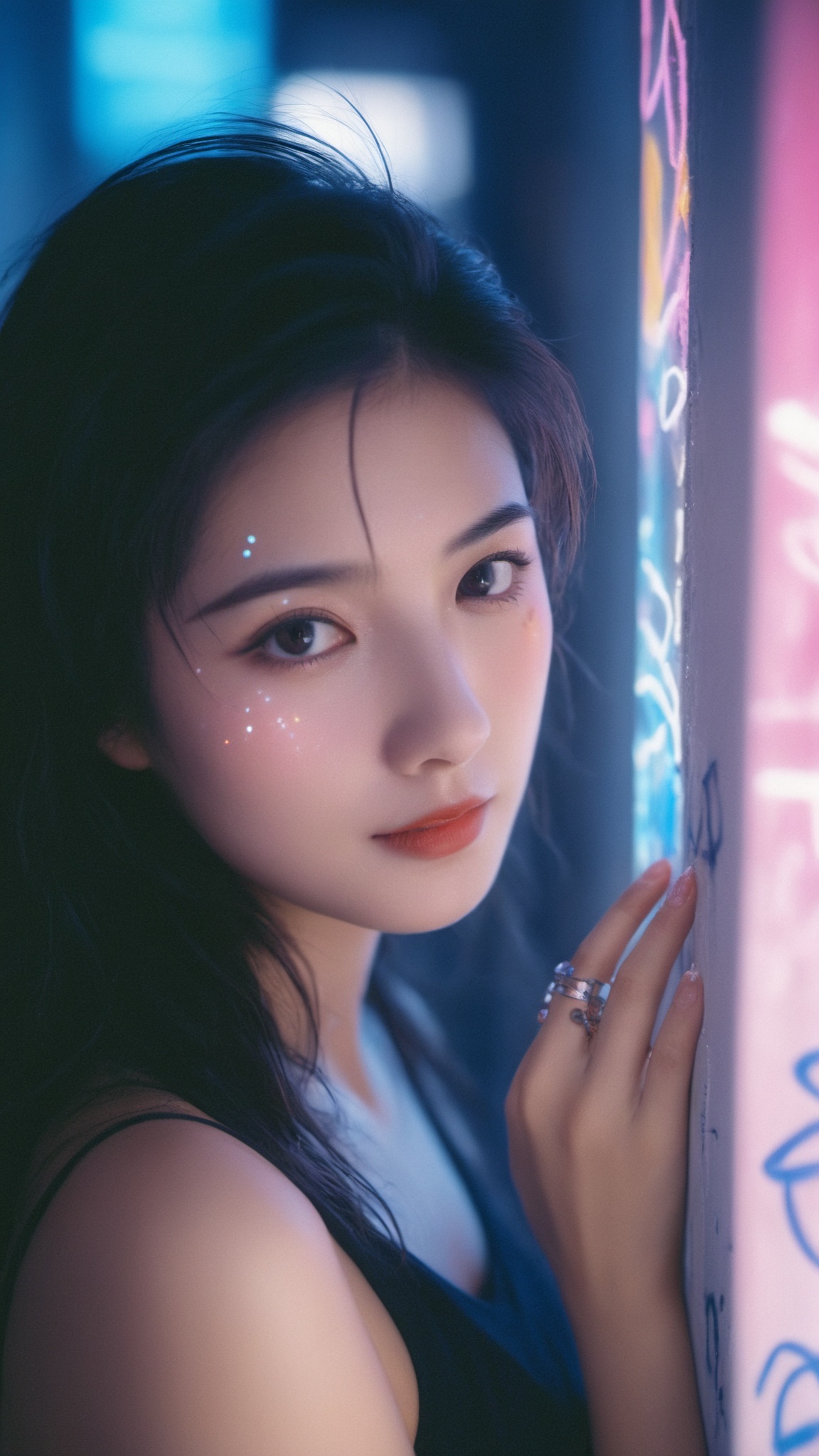 Cyberpunk,a woman leaning against ,a woman leaning against a wall with graffiti on it's side and her hair in the air,smile,by night, Intricate light,rotate focus,lens_flare,light particles,Film texture,KODAK Ektar 100