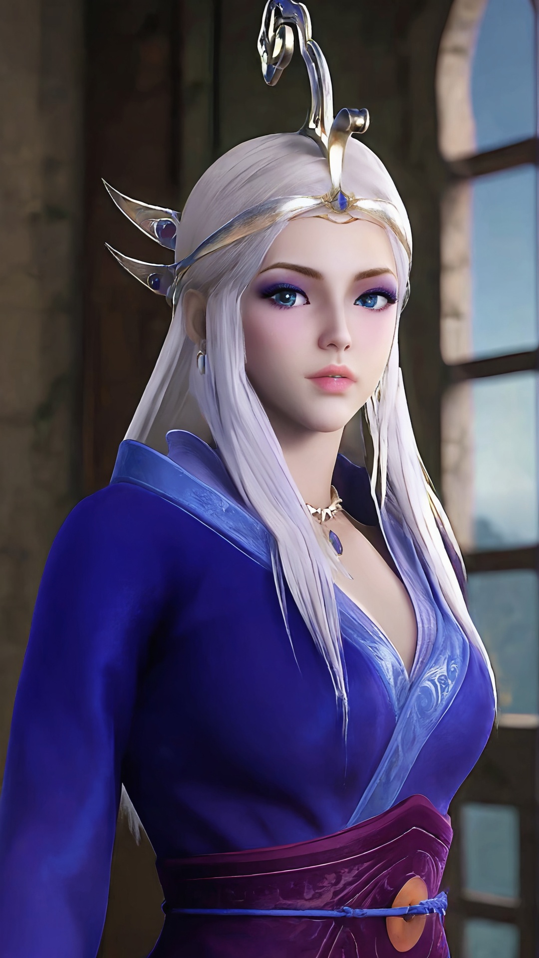 The image is a digital illustration of a young woman with long white hair and blue eyes. She is wearing a blue and purple outfit with a long white tail that is flowing in the wind. The woman is standing in front of a window with a view of a cityscape in the background. She has a crown on her head and is looking directly at the camera with a serious expression. The overall mood of the image is mystical and mystical.<lora:pony雪女:0.8>,