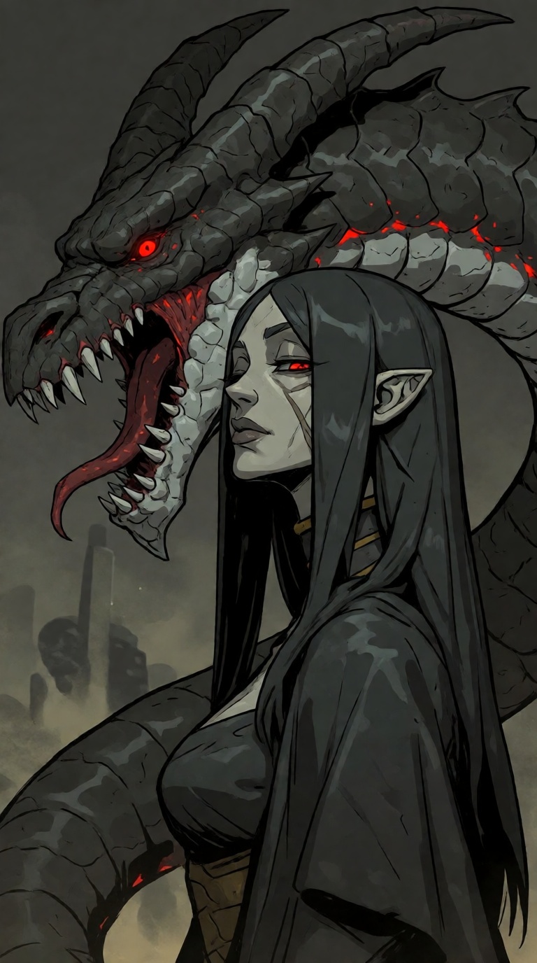 G0ld4r,  a woman with long,  straight black hair and pointed ears on Tensor.Art