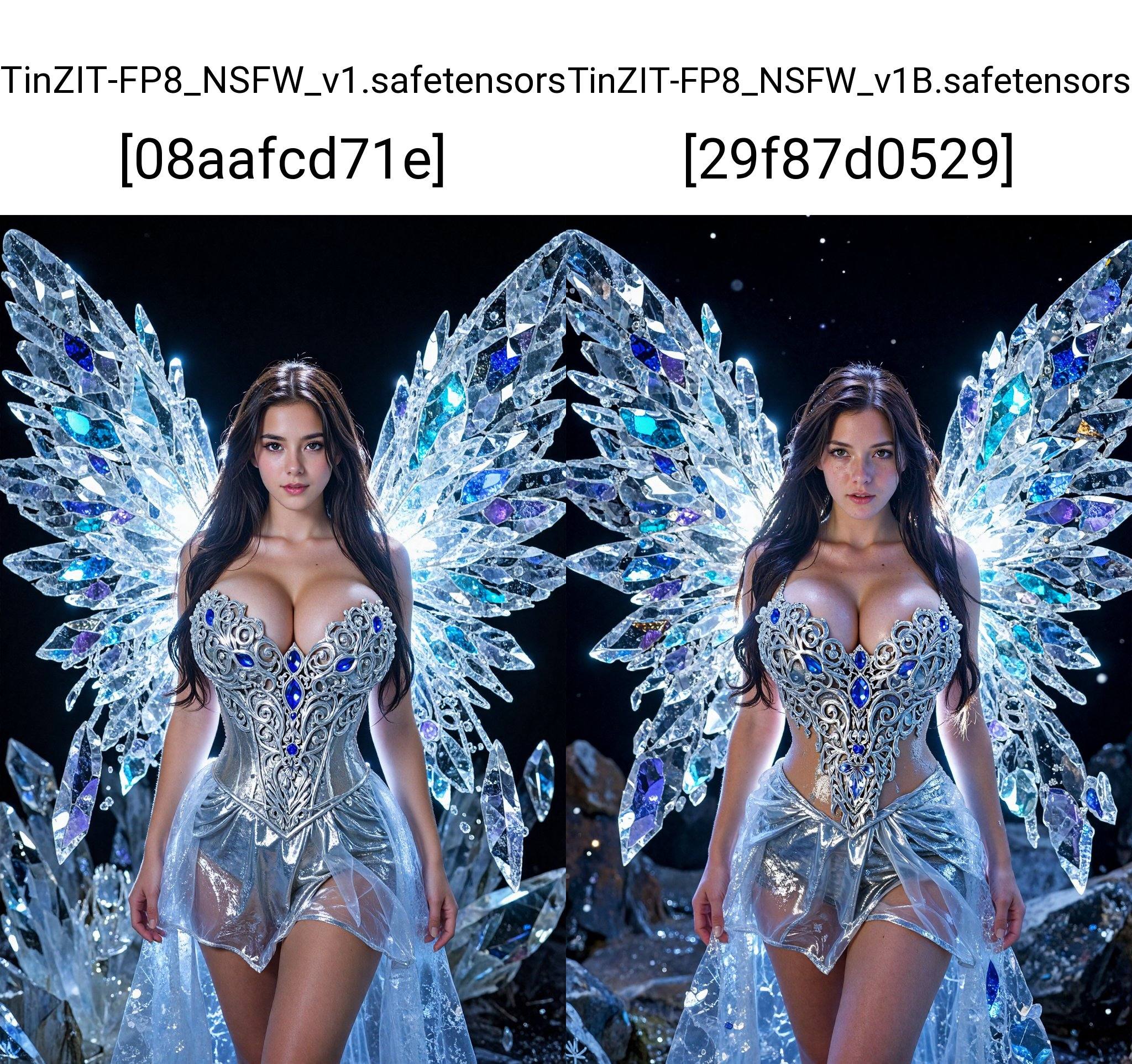 A woman with long,  dark brown hair stands centrally,  portraying an ethereal ice fairy. She wears a detailed silver bodic...