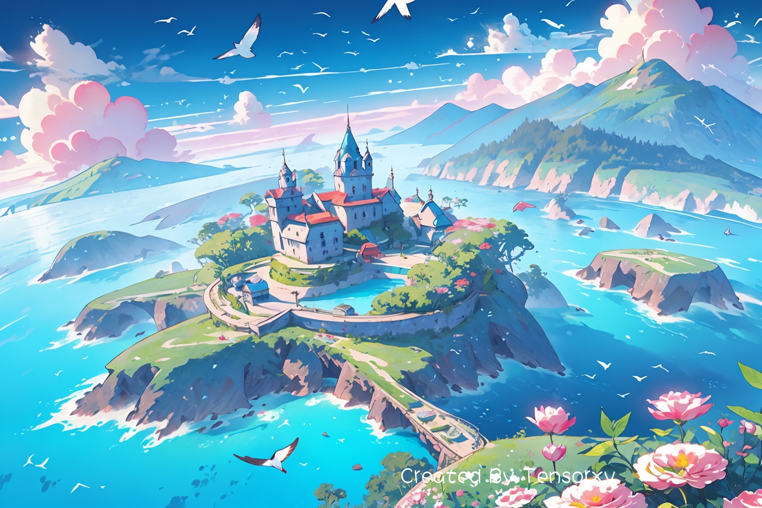 flower, outdoors, sky, day, cloud, water, tree, blue_sky, no_humans, bird, ocean, building, scenery, mountain, fantasy, horizon, river, castle, landscape, cliff, island