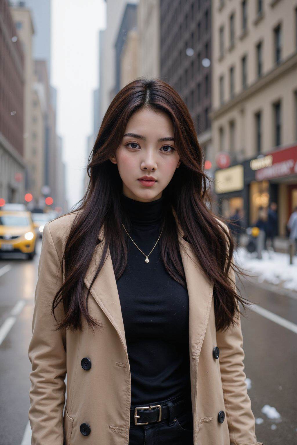 Photograph of a girl with fair skin and long, straight black hair. She wears a tan trench coat over a black turtleneck sweater and black pants. She stands in a city street with tall buildings in the background, snow falling gently, and blurred lights from cars and storefronts. Her expression is serious and intense, looking directly at the camera.