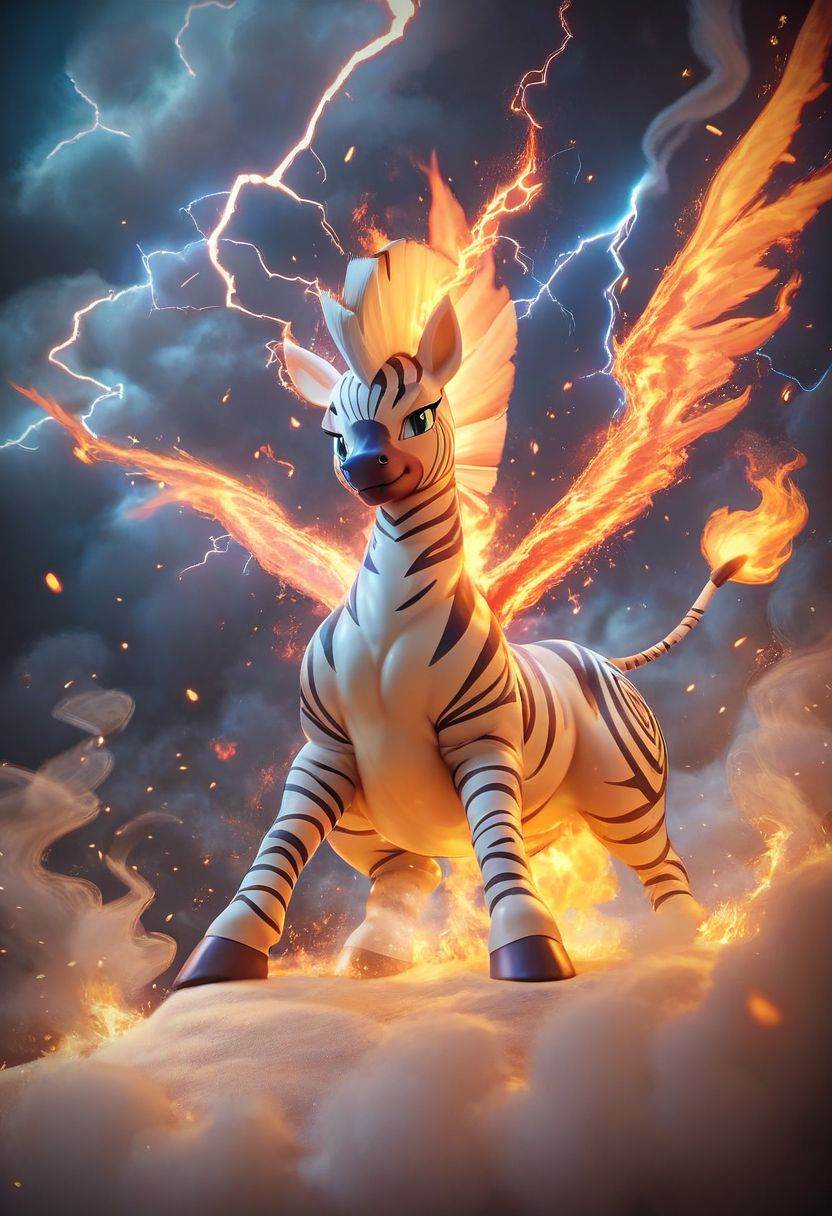 score_9, score_8_up, score_7_up, score_6_up, score_5_up, score_4_up, just describe what you want, tag1, tag2，Pokemon (Zebra), Fire, Full Body, Smoke, Lightning, HD, Masterpiece, Best Quality, Solo,