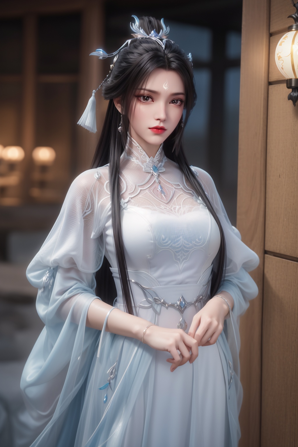 best quality,masterpiece,best_quality,highest quality,cowboy shot,white and blue dress,chinese clothes,hair ornament,1girl,hair bun,(forehead mark:1),long hair,hair ornament,<lora:cxueqi_v3.1:0.7>,