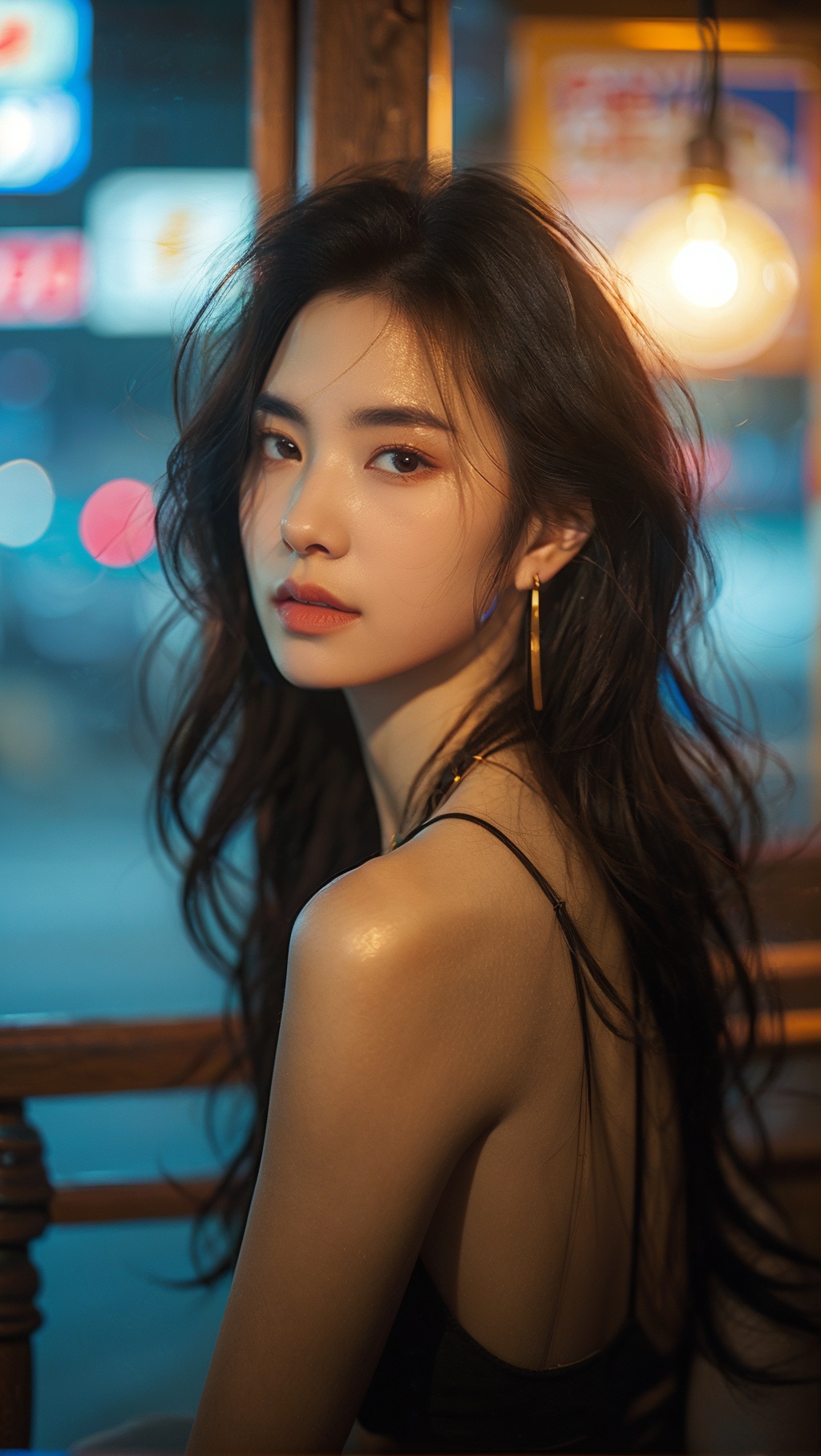 sdmai, fanhua, 1girl, solo, long hair, jewelry, earrings, looking at viewer, blurry, lips, realistic, brown hair, hoop earrings, depth of field, brown eyes <lora:SDMAI繁花肖像写真fanhua:0.7>