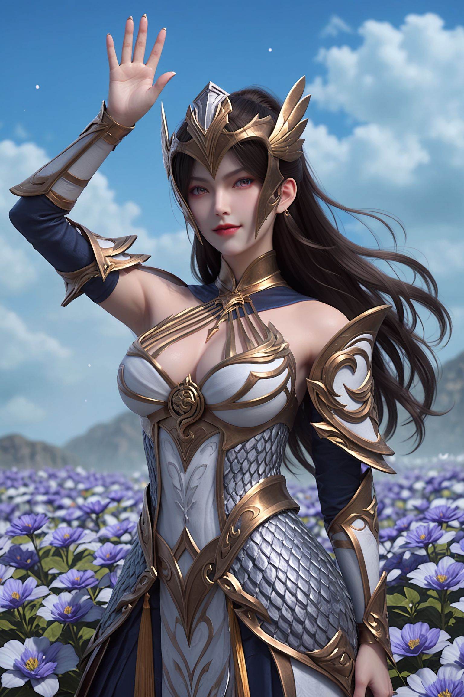 score_9,score_8_up,score_7_up,score_6_up,(arms_up:1.1),(waving:1.1),1girl,solo,gaden,the background is full of flowers,starry Nebula,beautiful detailed sky,looking at viewer,hand up,<lora:完美世界-女战神Pony:0.7>,long,dark hair,wears an elaborate,ornate armor that is predominantly white and gold,with intricate,symmetrical patterns and a high collar,