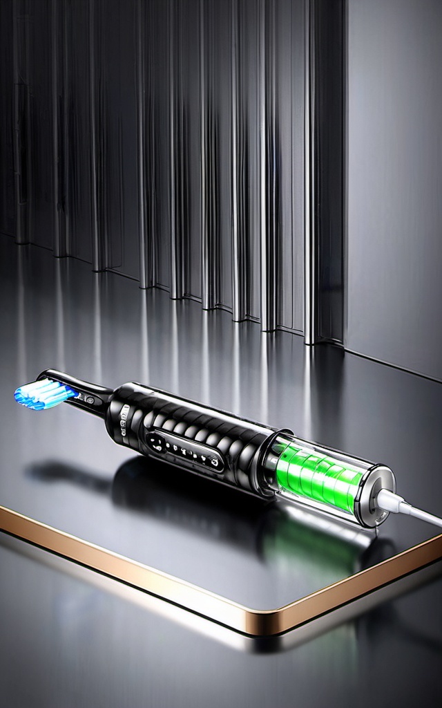 gaoji,Black electric toothbrush,grey wall-mounted base,placed on the table,metallic background,minimalist style,high-end design sense,bright colors,detailed. High-resolution product photography features bright lighting,<lora:GJsp4-XL-000005:0.8>,