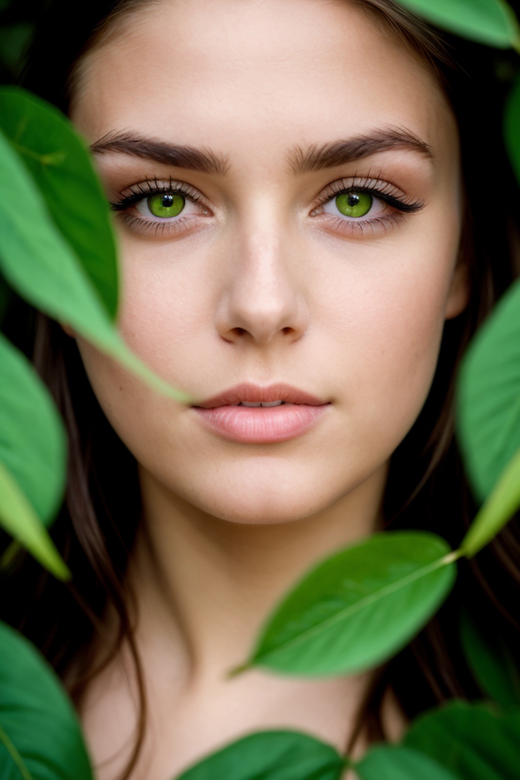 Beautiful young woman with green eyes and long eyelashes looking at camera through green leaves on Tensor.Art