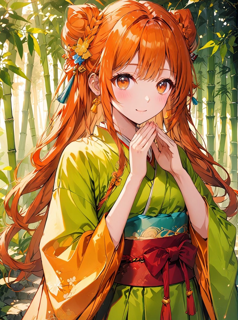 Hanfu,O,1girl, solo, long hair, smile, hair bun, looking at viewer, japanese clothes, bamboo, wide sleeves, bangs, double bun, orange hair, hair ornament, closed mouth, long sleeves, forest, skirt, blush, nature, outdoors, very long hair, orange eyes, hakama, hands up, own hands together, sidelocks