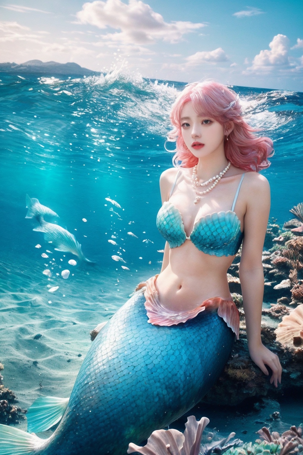 1girl,mermaid,solo,shell,pearl,vibrant and delicate eyes,cliff,reef,sea wave,sitting on a reef by the seaside,pink hair,masterpiece,incredibly absurdres,narrow waist,jewelry,shell,necklace,shiny,navel,<lora:mermaid_20231203140950-000008:0.7:lbw=1,1,0,0,0,1,1,1,1,1,1,1,1,1,1,1,1>,