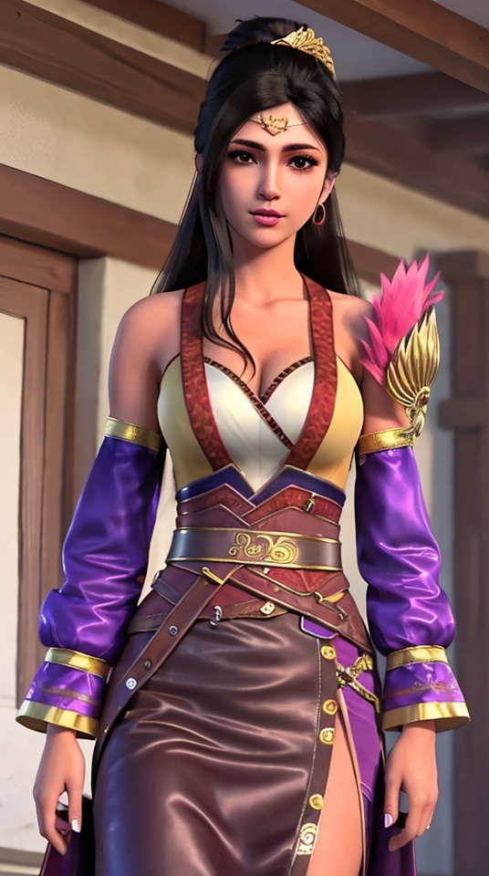 1girl,black hair,breasts,brown eyes,cleavage,(Fur Shoulder protection),detached sleeves,earrings,jewelry,long hair,medium breasts,[realistic],solo,,<lora:02e46eee2de419de13572e2508e2845ea604ff85f5ce07f8fbbd5603c6d0ebf5:0.7>
