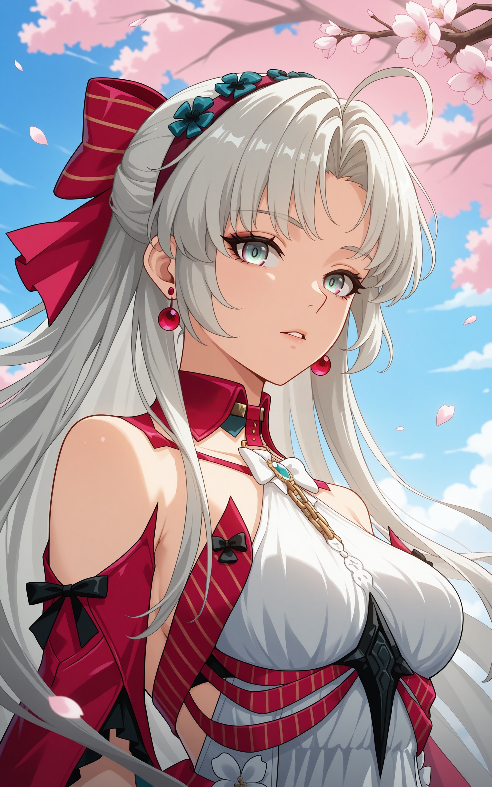 <lora:xl-ill-Carlotta Montelli(wuthering waves)-v1-000008:0.8>,carlotta montelli\(wuthering waves\),1girl,solo,long hair,hair bow,grey hair,white hair,jewelry,earrings,chain,looking at viewer,breasts,upper body,parted bangs,medium breasts,dress,parted lips,sky,looking at viewer,petals,hair ornament,outdoors,cherry blossoms,day,bare shoulders,breasts,blue sky,