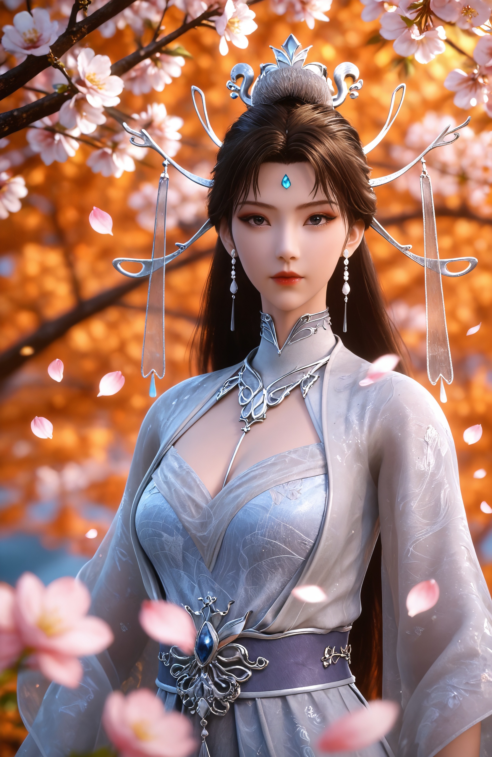 masterpiece,best quality,amazing quality,very aesthetic,high resolution,ultra-detailed,absurdres,scenery,photorealistic,looking at viewer,moody lighting,peach blossom,falling petals,realistic,photorealistic details, <lora:神墓-楚月Pony:0.7>1girl, earrings, jewelry, solo, brown hair, hair ornament, flower, long hair, forehead mark, branch, upper body, blurry, facial mark, looking at viewer, dress, expressionless, portrait, blurry background, closed mouth, hair bun, white dress, orange sky,orange background,, clothing cutout,