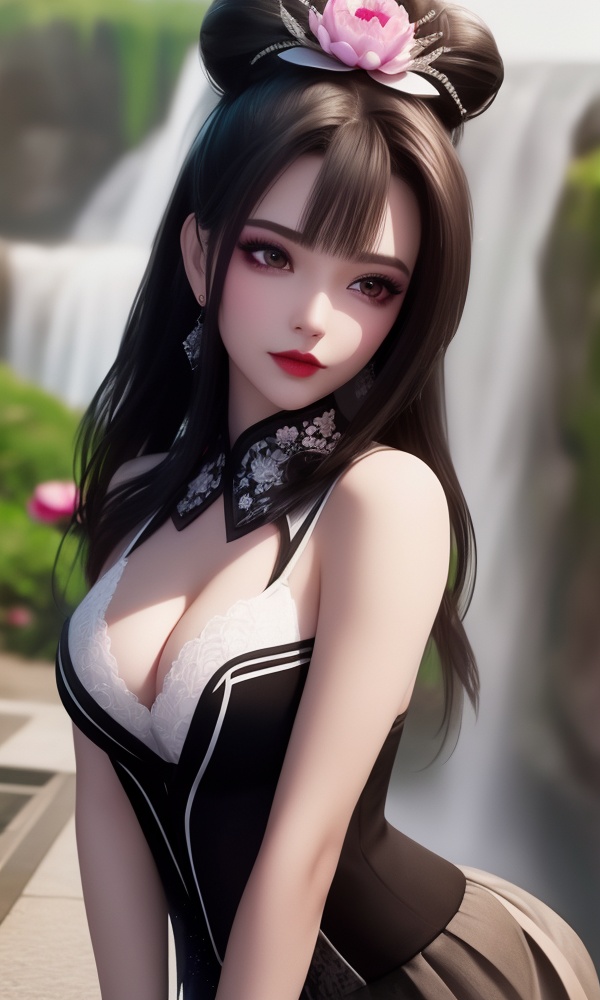 (,1girl, ,best quality, ),looking at viewer, <lora:411-DA-太一剑仙传-季师师:0.8> ,,ultra detailed background,ultra detailed background,ultra realistic 8k cg, , ,masterpiece, (( , )),,, ultra realistic 8k cg, ,      ,peony \(flower\),   waterfall,    (cleavage), (), blurry, depth_of_field, blurry_background, 1girl, blurry_foreground, black_hair, mole, solo, lips, motion_blur, nose, makeup,