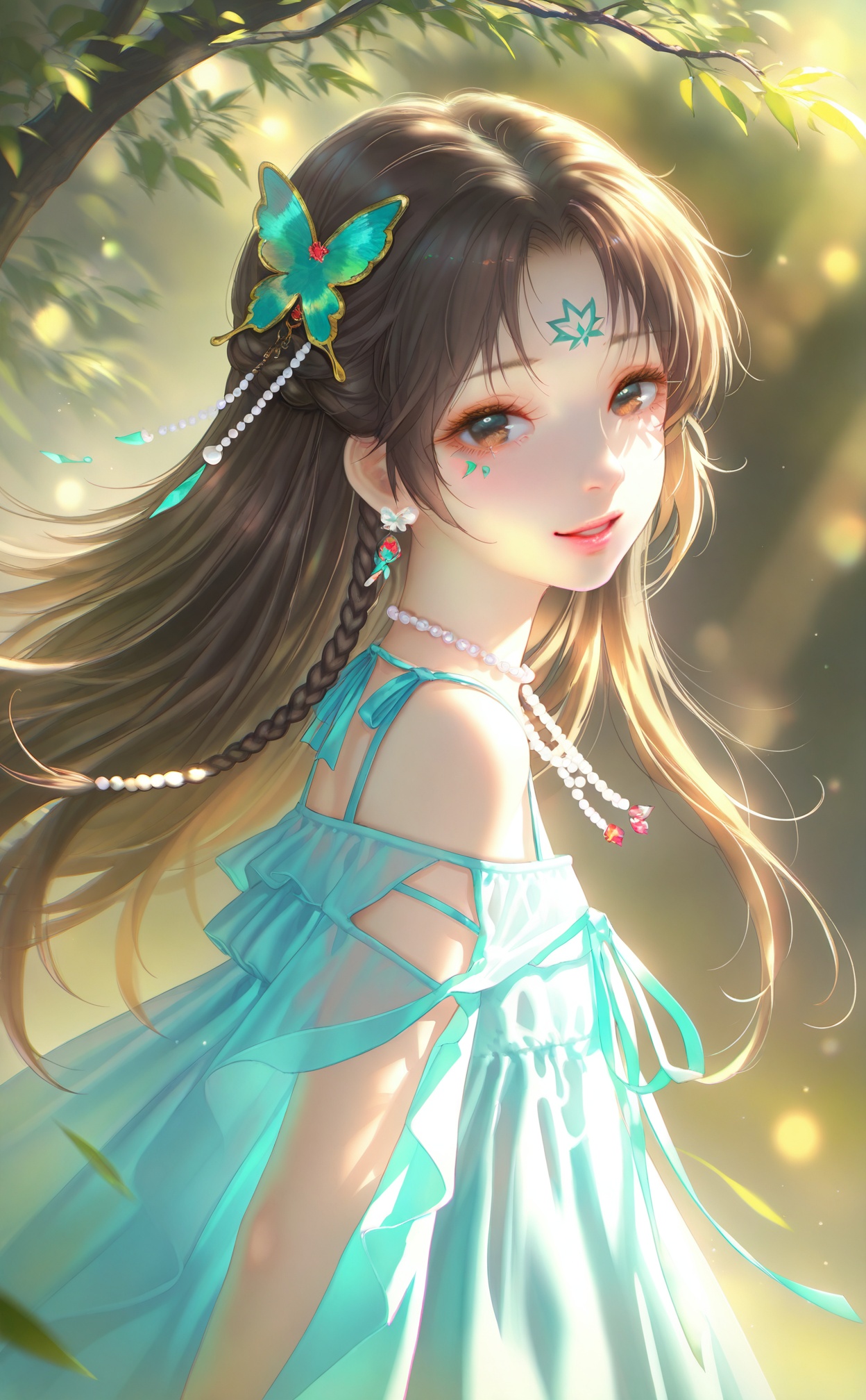masterpiece,very aware,highres,absurdres,newest,best quality,loli,petite,high quality,chromatic_aberration,chromatic_aberration,cinematic_angle,dutch angle,//,1girl, facial_mark, forehead_mark, solo, brown_hair, hair_ornament, green_dress, long_hair, upper_body, dress, jewelry, teeth, smile, looking_at_viewer, braid, necklace, earrings, beads, leaf, from_side, parted_lips, looking_back, light_particles, ribbon, light_rays, branch, bug, butterfly_hair_ornament//,//,photorealistic,Artist:na-ga,(quasarcake:0.2),(wanke:0.9),[Artist:chen bin],Artist:tidsean,[Artist:sk (askzy)],(artist:tokkyu:0.5),(artist:momoko \(momopoco\):0.5),himitsu_(hi_mi_tsu_2),//,<lora:MAQ326——【noob】hans:0.5>,<lora:sansu——【noob】hans:0.8>,