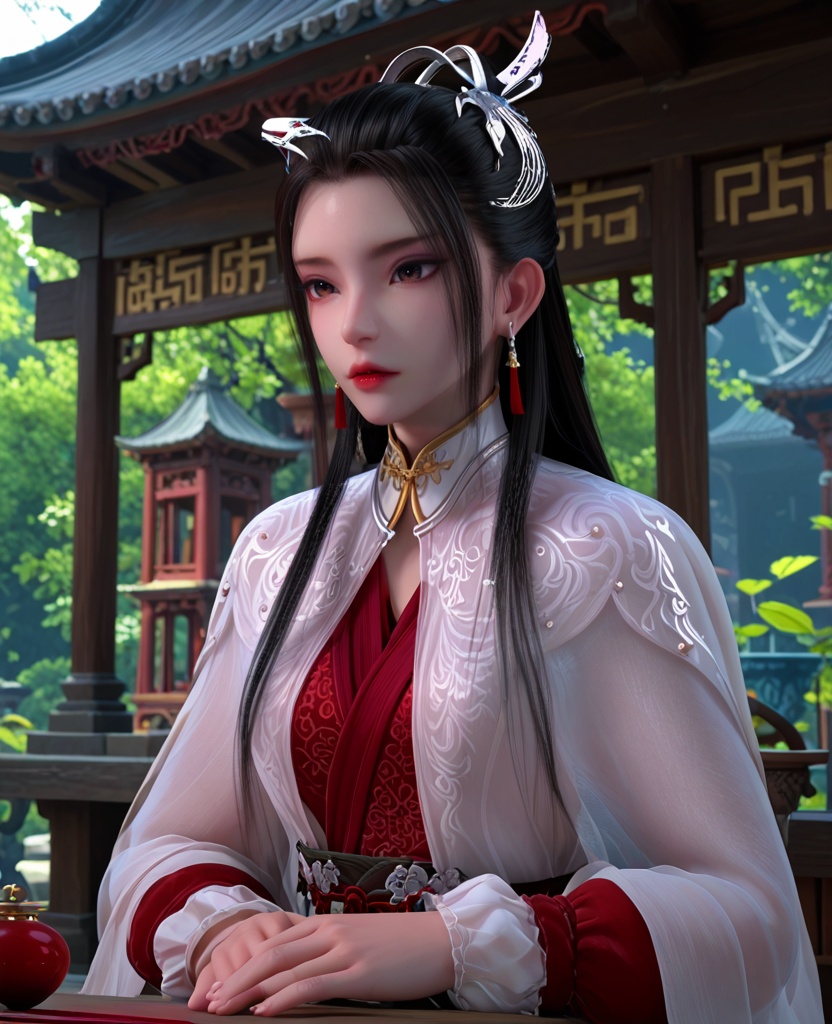(oriental architecture, elegant decor, sophisticated style:1.1),(singing:1.1),(breasts:1.2),<lora:XL少年白马晏琉璃:0.95>,miss yanliuli,white cape with red dress underneath,brown eyes,hair ornament,earrings,black hair,hanging hair,long hair,sash,long sleeves,white cape,see-through silhouette,, score_9,score_8_up,score_7_up,score_6_up,score_5_up,score_4_up,3d rendering,tag1,tag2, Cinematic Lighting,backlighting,