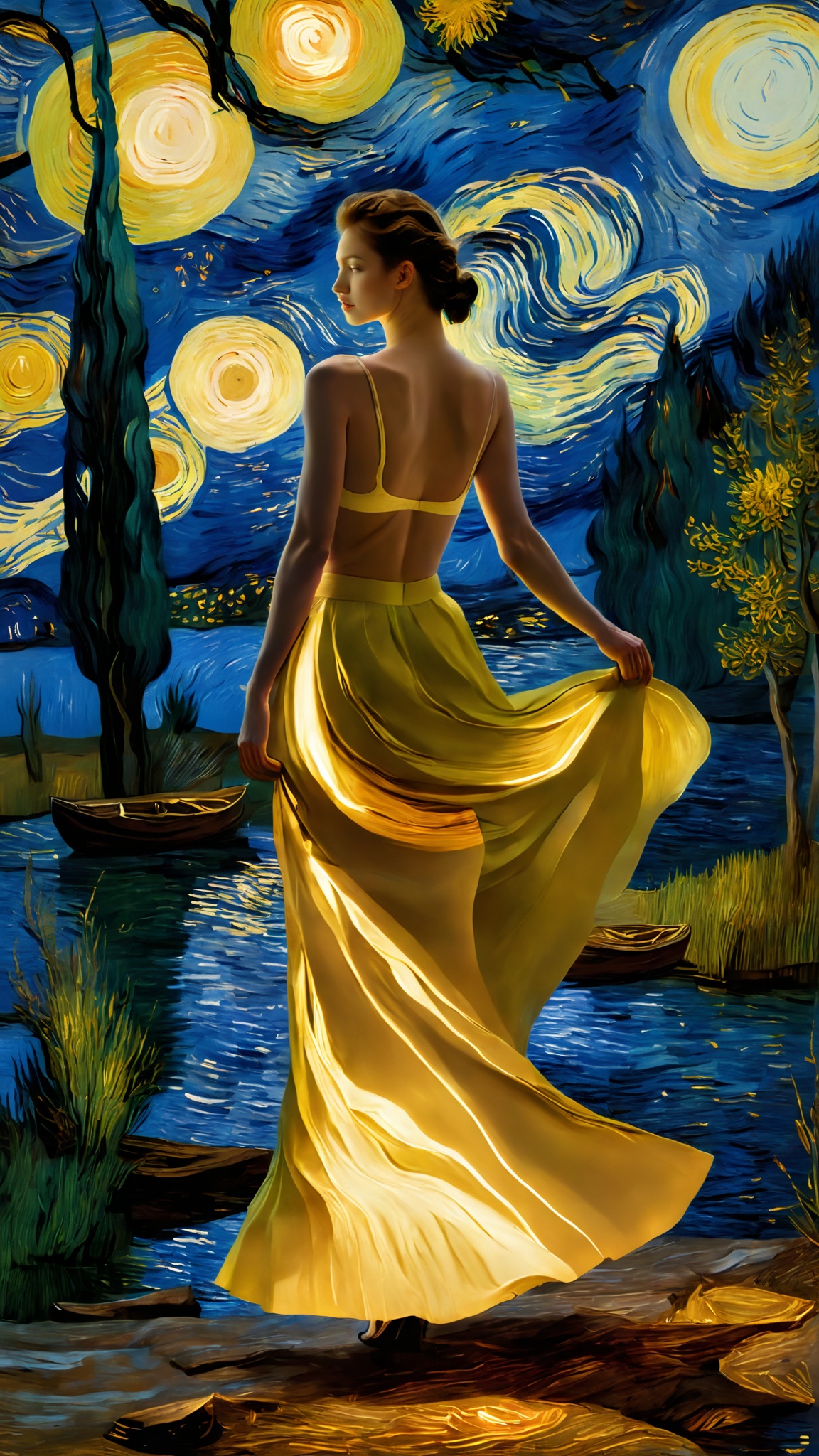 jistarrynight,van Gogh,A model girl wearing long skirts and bra stood by the lake,Yellow light,tree,<lora:lora:1>,
