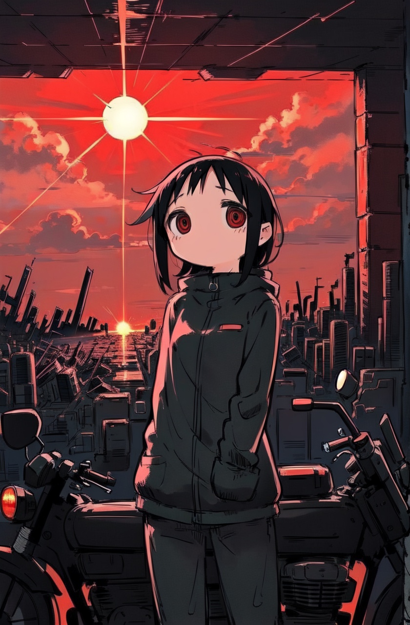 masterpiece,best quality,absurdres,1girl,red theme,ruins,black hair,bodysuit,motorcycle,red sky,red sky,sun,sunlight,cowboy shot,ringed eyes, 