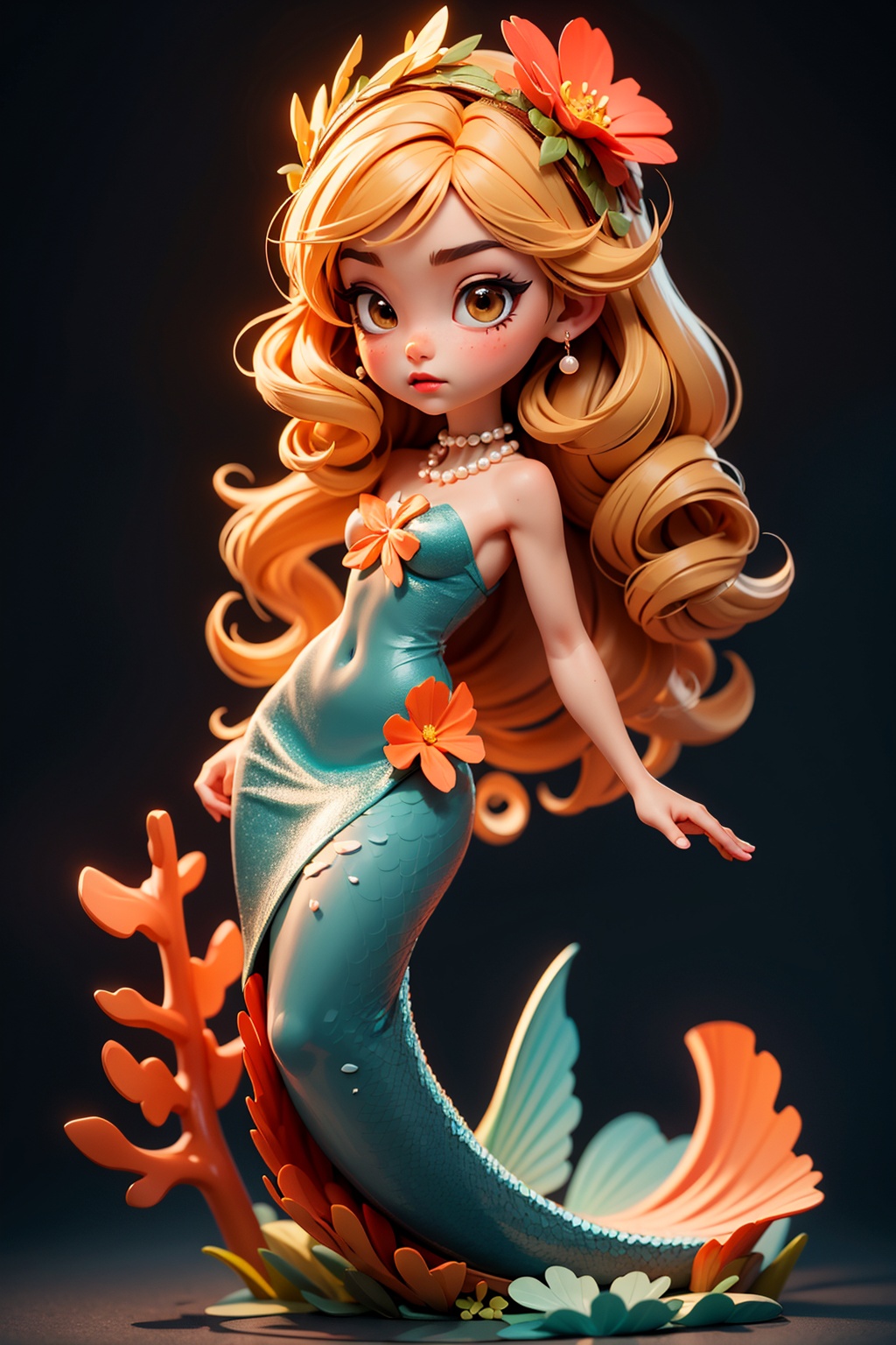 masterpiece,cinematic light,ultra high res,chibi,the Little Mermaidred,blonde hair,long hair,solo,bangs,full body,brown eyes,Shell,small fish,coral,Pearl,Little Fish,curly hair,head wreath,best quality,8k,
