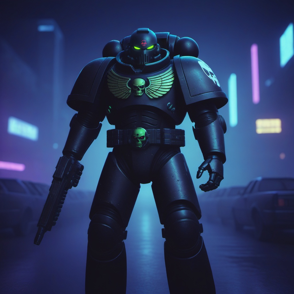 a black spacemarine robot,  cyberpunk city background,  night on Tensor.Art