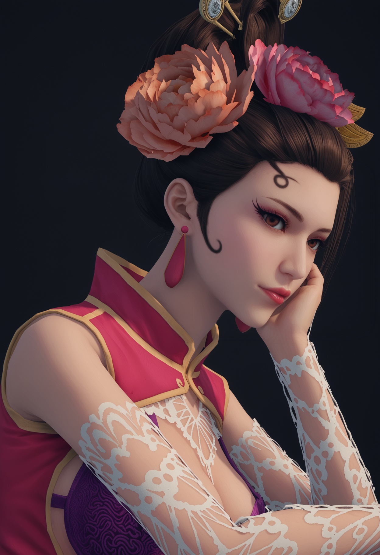 (upper_body:1.2),score_9,score_8_up,masterpiece,(best quality),intricate details,1girl,facing viewer,(looking at viewer:1.1),<lora:YQ_pony_fanyintian_V4:0.9:lbw=1,1,1,1,1,1,1,1,1,0.8,0.8,0.1>,q1528437228,1girl,solo,black hair,hair ornament,jewelry,chinese clothes,hair flower,earrings,dress,bra,lipstick,underwear,short hair,tattoo,black eyes,eyeshadow,china dress,hair bun,anklet,gloves,brown eyes,brown hair,sleeveless,lingerie,leg tattoo,BREAKscore_9,score_8_up,masterpiece,(best quality),perfect anatomy,(hourglass),perfect face,(simple background,pure black background,black background:1.1),fair_skin,shiny_skin,Ivory_skin,